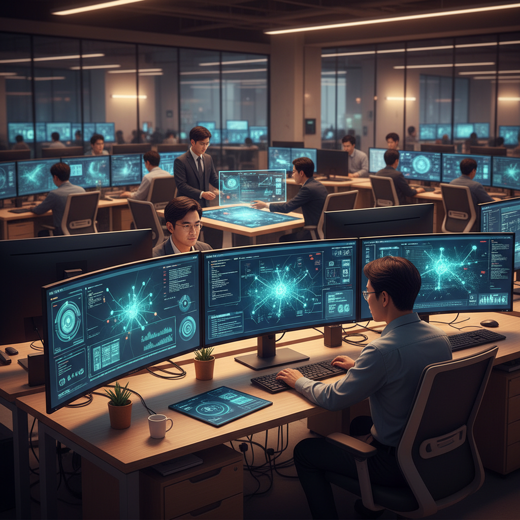 A modern office interior with Korean professionals using AI tools on multiple screens, clean layout, warm lighting, high contrast, vibrant atmosphere, no text