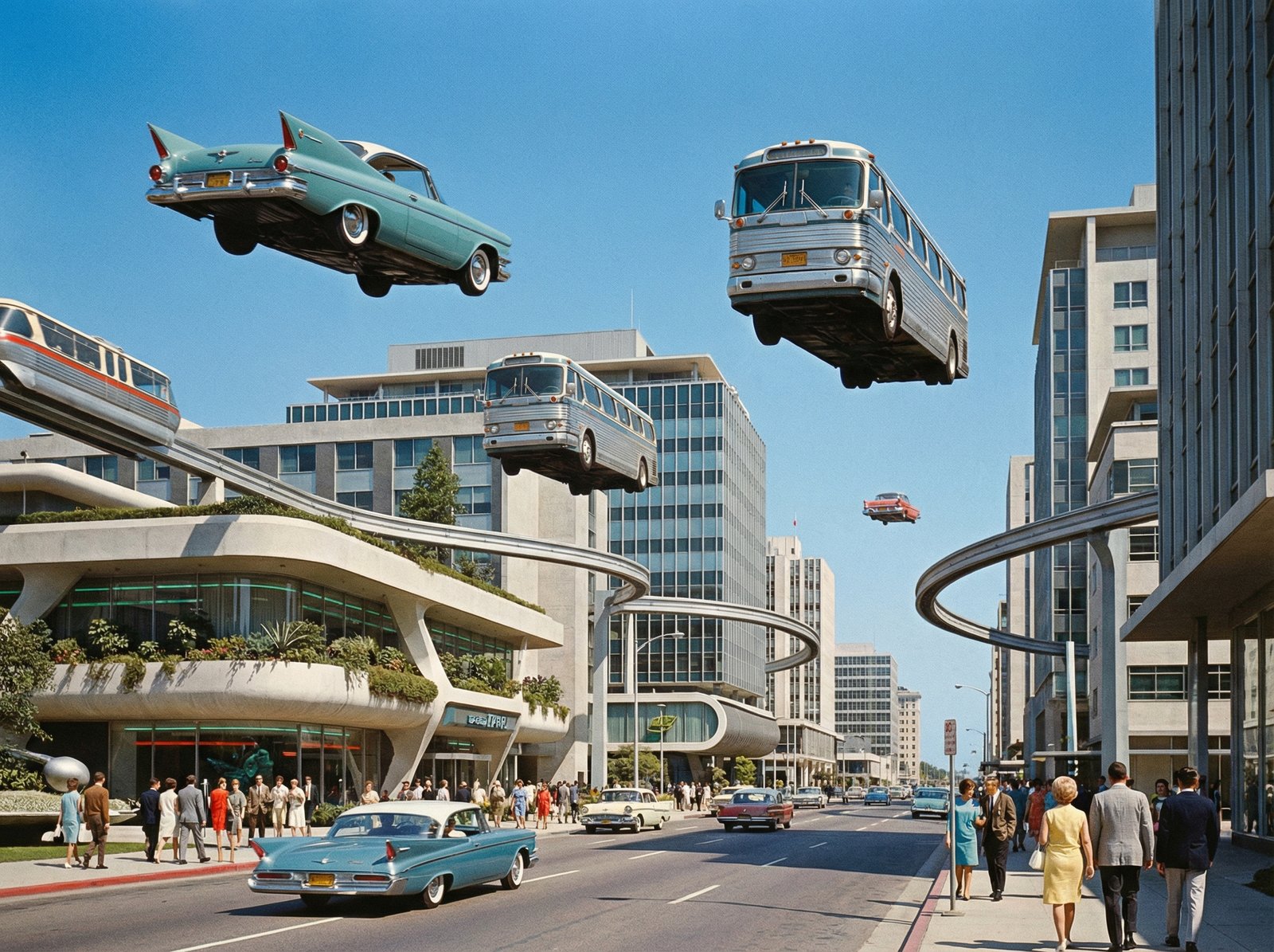 A vibrant 1960s city street with retro-futuristic flying cars and buses seamlessly gliding through the air. The buildings are a blend of mid-century modern architecture and subtle advanced tech. There are no visible power lines or charging stations. The sky is clear, showing a bustling, clean urban environment. Aspect ratio 4:3, no visible text, no Korean text.