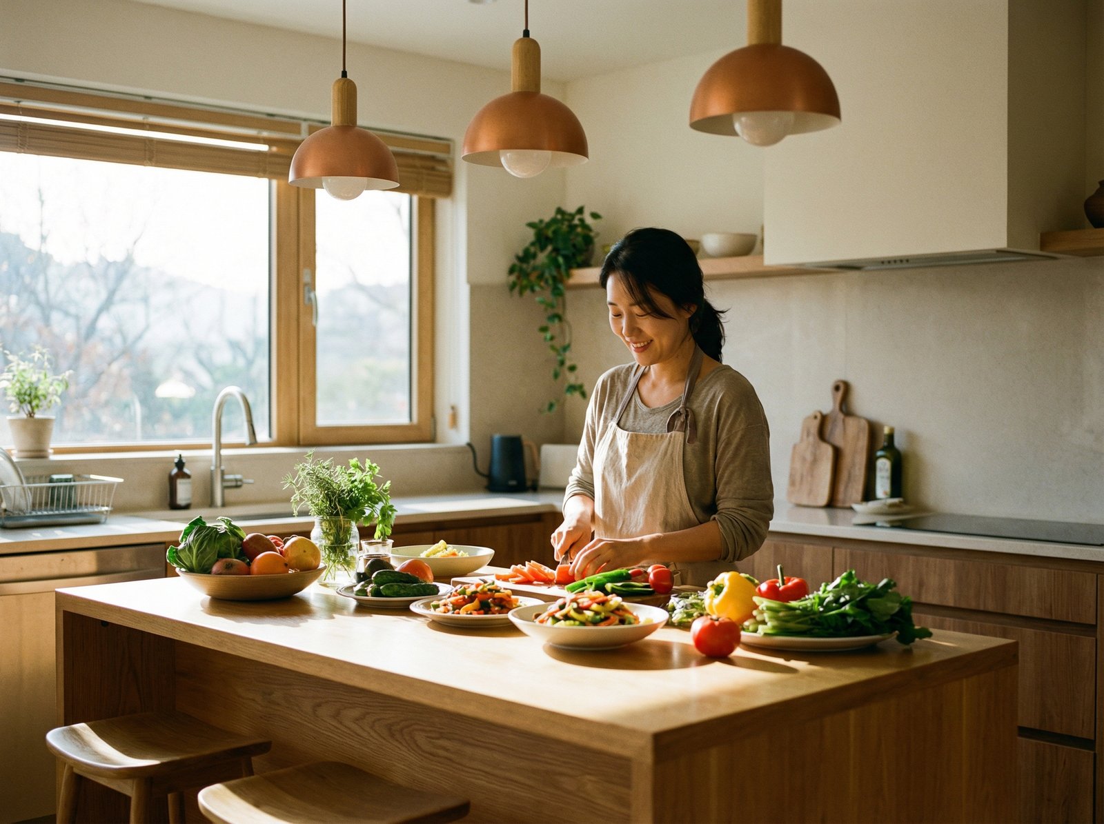 A female private chef of Korean appearance in her 30s preparing healthy, vibrant meals in a clean, modern home kitchen. Sunlight streams through a window. The kitchen has warm lighting, no visible text. Aspect ratio 4:3.