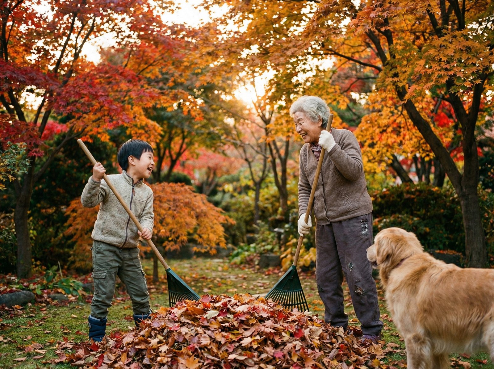 A Korean child, around 7 years old, actively helping an elderly Korean neighbor rake leaves in a vibrant autumn garden. The neighbor is smiling at the child. Lifestyle photography, warm lighting, natural setting, aspect ratio 4:3, no visible text.