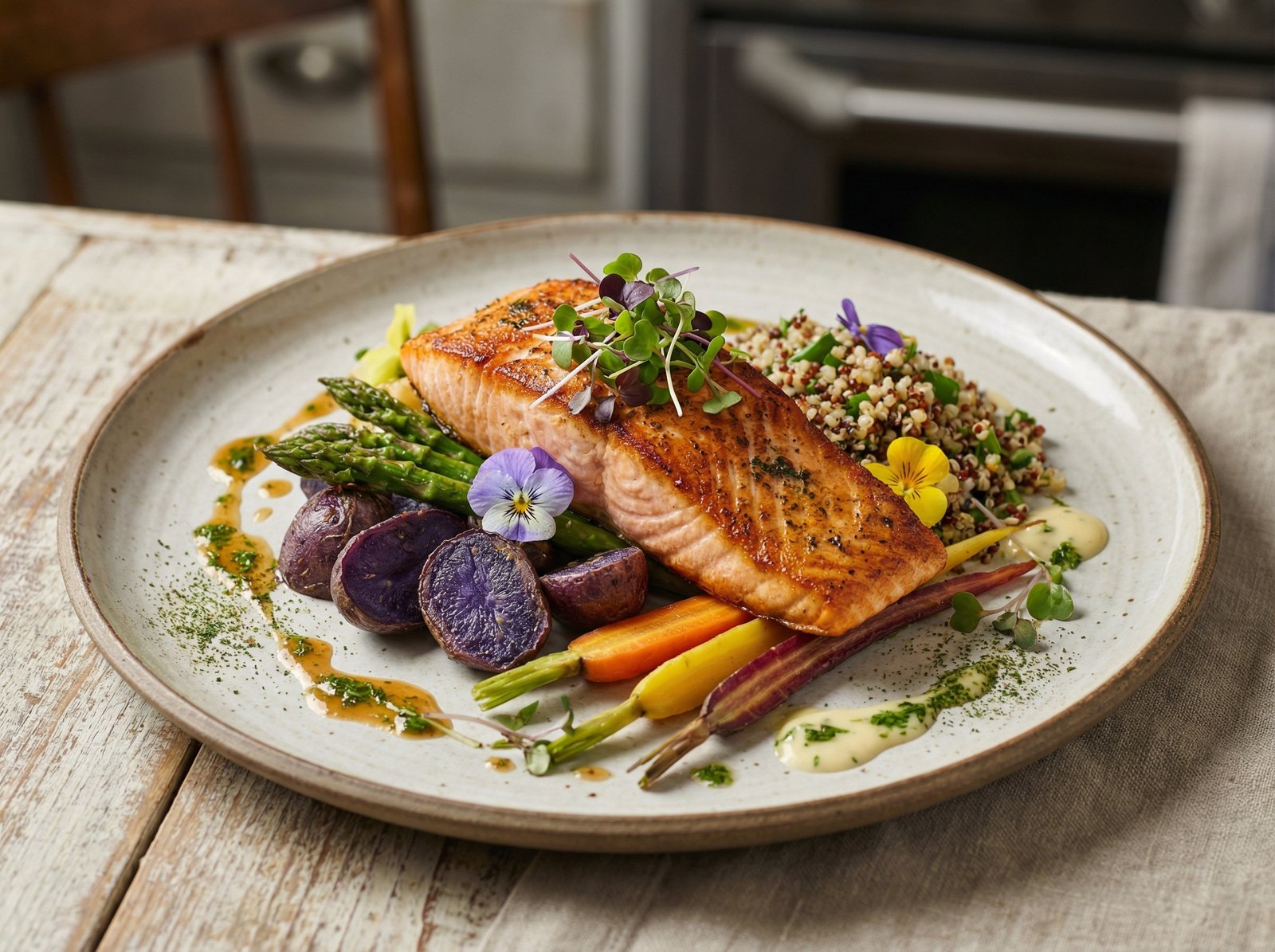 A close-up of a beautifully plated, gourmet, healthy meal. The ingredients are colorful and fresh, arranged artfully on a modern plate. The background is softly blurred to keep focus on the food. Studio lighting, no visible text. Aspect ratio 4:3.