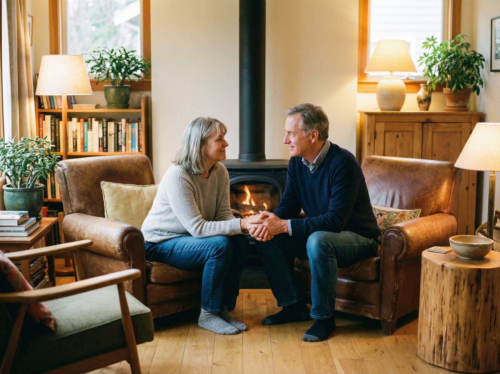 A couple having a calm discussion, looking at each other with understanding expressions in a cozy living room. Soft, warm lighting. Natural setting, no visible text. Aspect ratio 4:3.