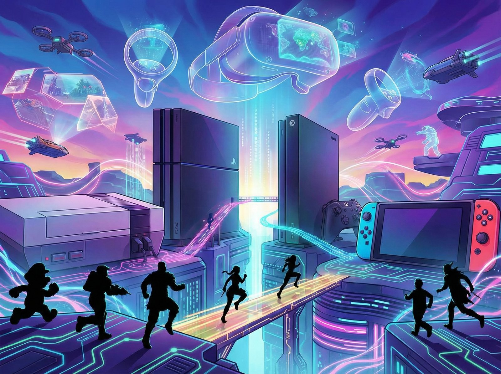 A dynamic and futuristic landscape depicting various elements of the video game industry. Include iconic console shapes, diverse character silhouettes, and subtle hints of virtual reality. The overall style should be vibrant and energetic, with a focus on technological advancement. Aspect ratio 4:3, no visible text.