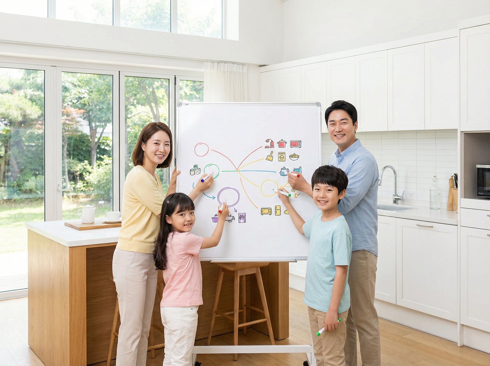 A Korean family, including parents and two children (approx. 8 and 12 years old), happily making a list of family tasks on a whiteboard in a bright kitchen. They are all smiling and interacting. Modern layout, clean infographic style, aspect ratio 4:3, no visible text.