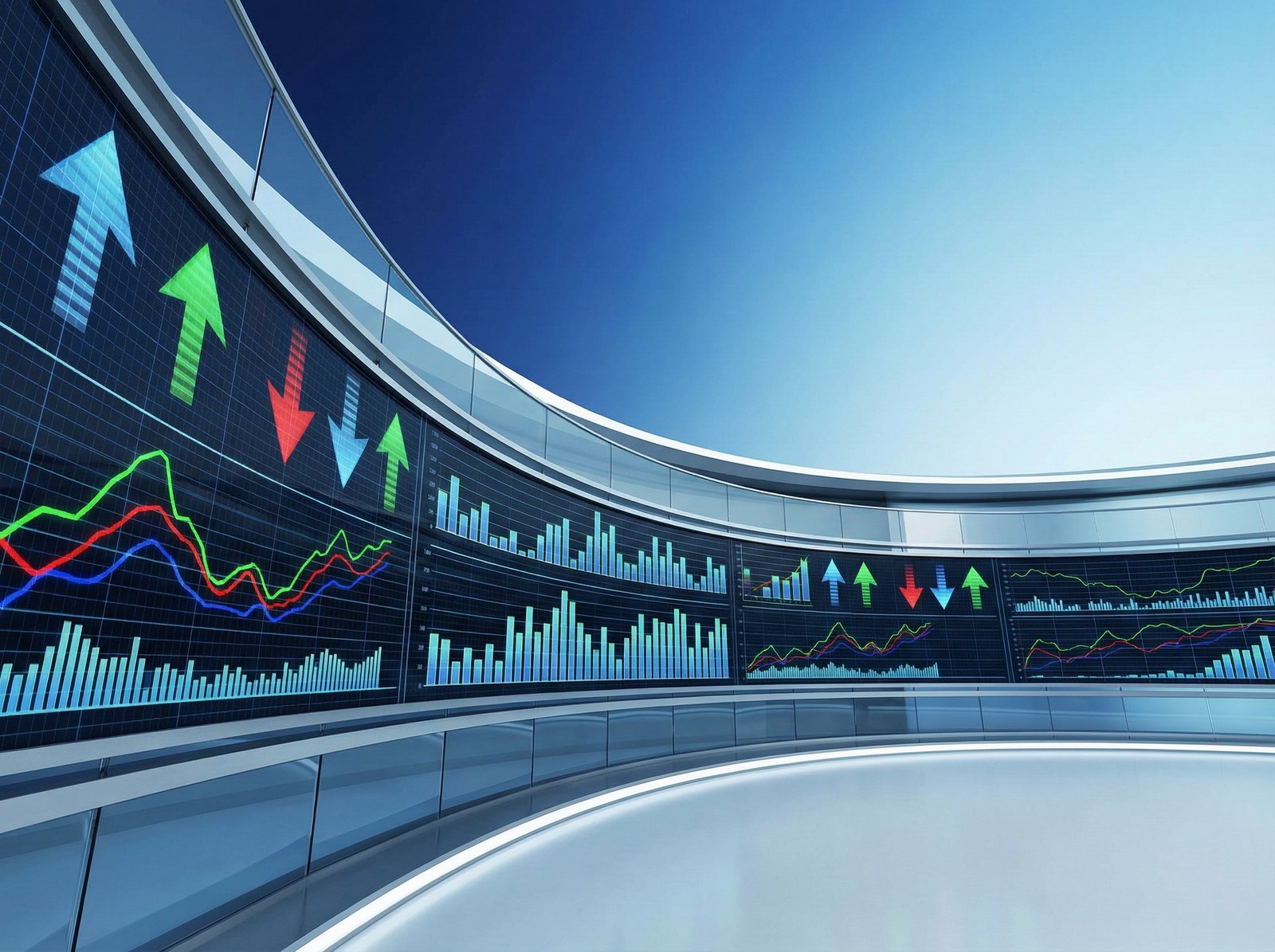 A wide shot of a financial news ticker displaying various stock market indices and trends in a modern, clean interface. The background is a gradient blue. Aspect ratio 4:3. No visible text.