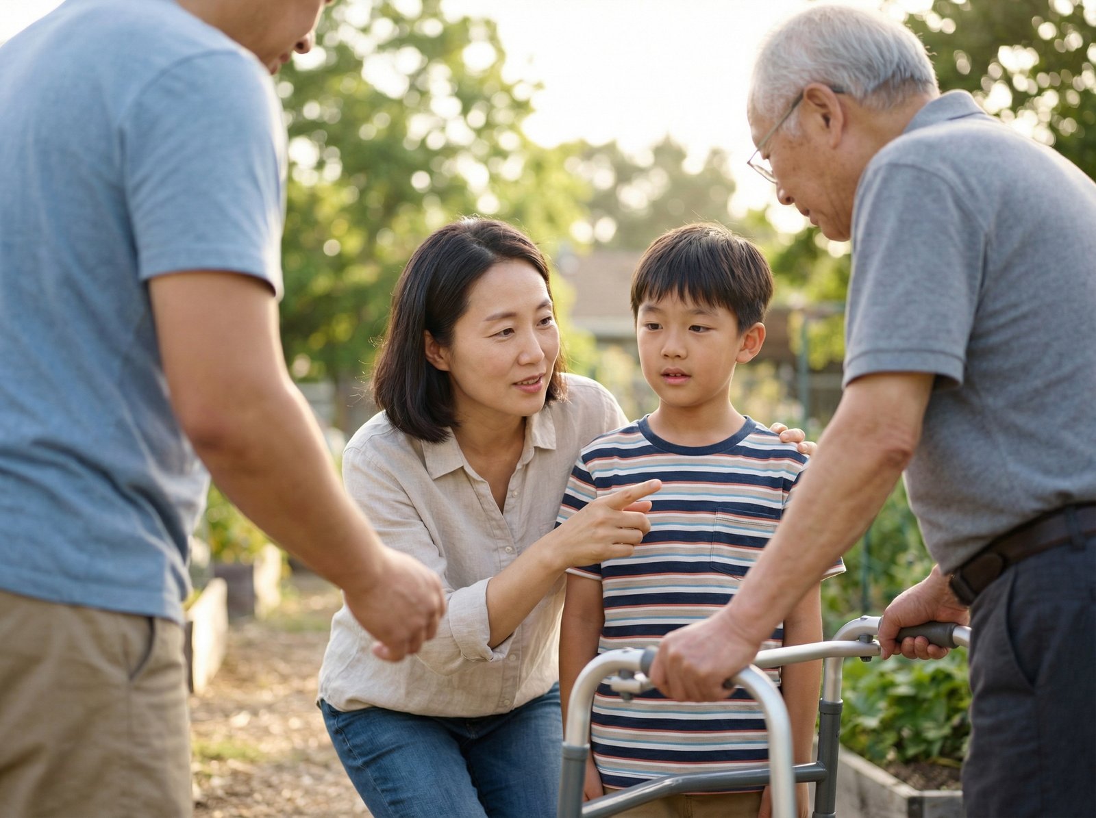 A Korean parent, possibly a mother, gently explaining something to her child (around 9 years old) while they are helping an elderly person or a friend. The parent is pointing towards the act of helping and the child is listening intently, understanding the 'why'. Lifestyle photography, warm lighting, natural setting, aspect ratio 4:3, no visible text.