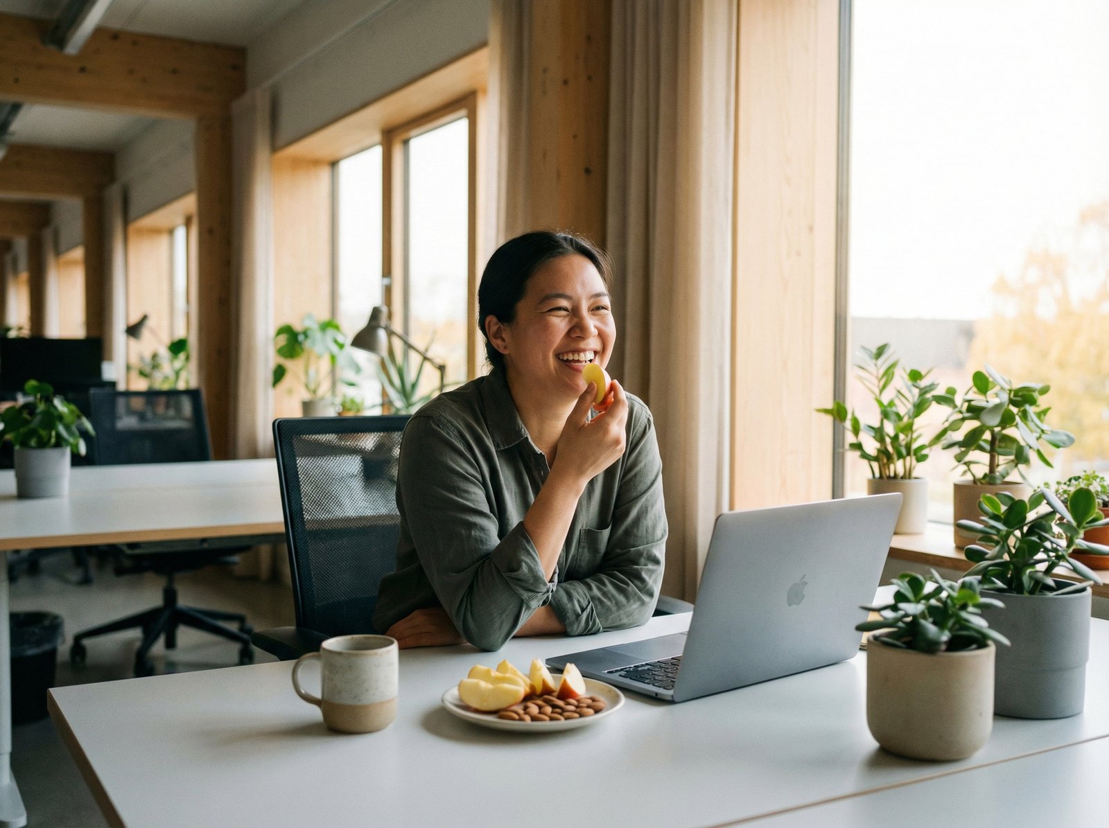 A person smiling while eating a healthy snack at their desk during a short break from work. The office environment is bright and modern. Lifestyle photography, warm lighting, natural setting. Aspect ratio 4:3, no visible text.