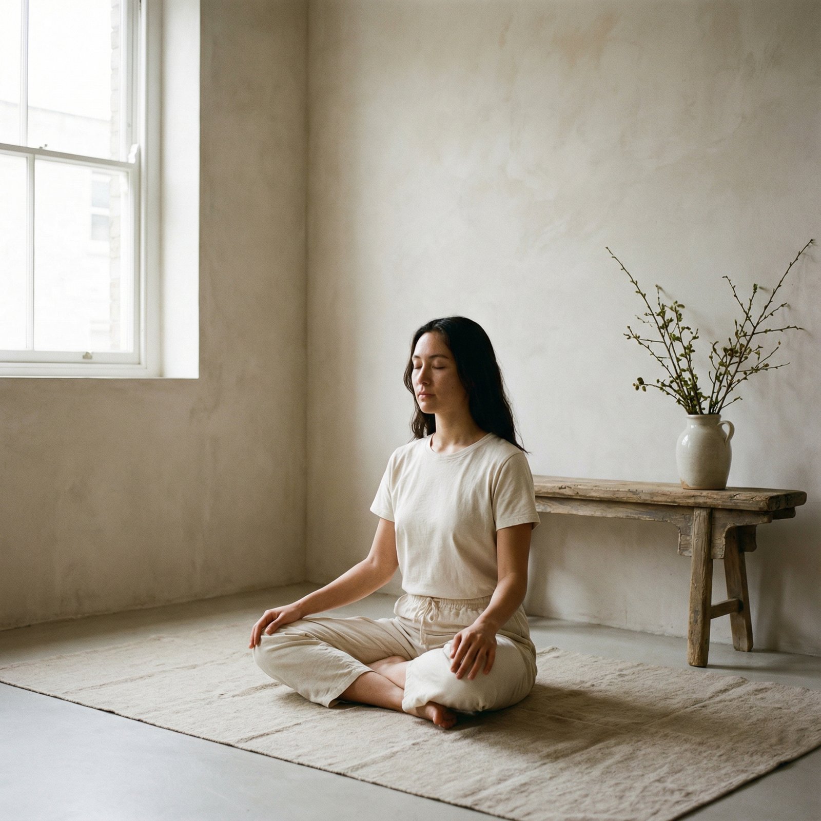A person meditating with eyes closed in a peaceful, minimalist room with soft, natural light. The atmosphere is serene and calming. Aspect ratio 1:1, no visible text.