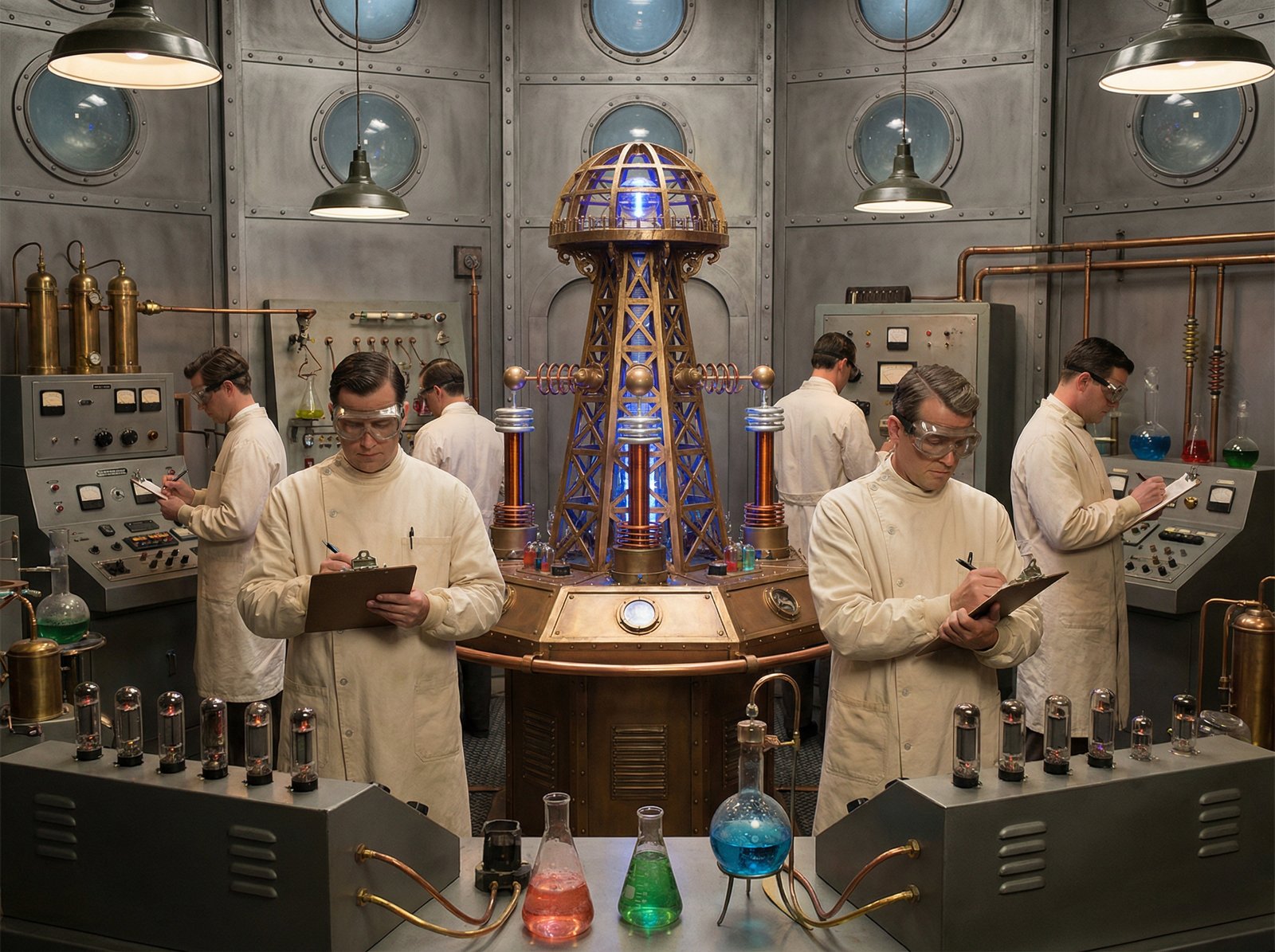 A retro-futuristic laboratory interior from the 1960s, filled with glowing vacuum tubes, intricate electrical circuits, and bubbling scientific instruments. A large, ornate device resembling a miniaturized Wardenclyffe Tower sits at the center, surrounded by scientists in period-appropriate lab coats making notes. Aspect ratio 4:3, no visible text, no Korean text.