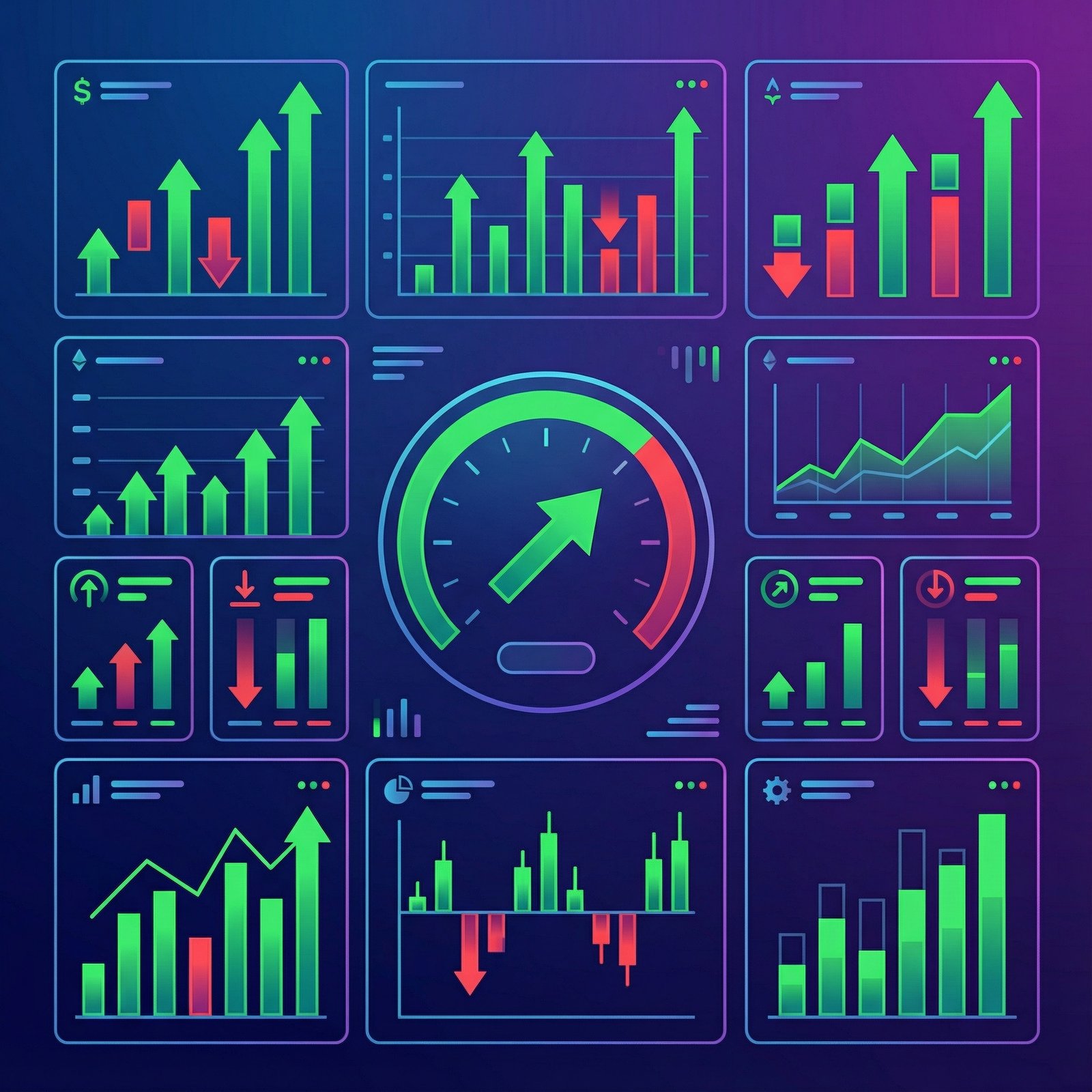 A clean infographic of a stock market dashboard displaying real-time premarket trading data, with green and red arrows indicating price changes. Modern layout, high contrast, colored background. No visible text, 1:1 aspect ratio.
