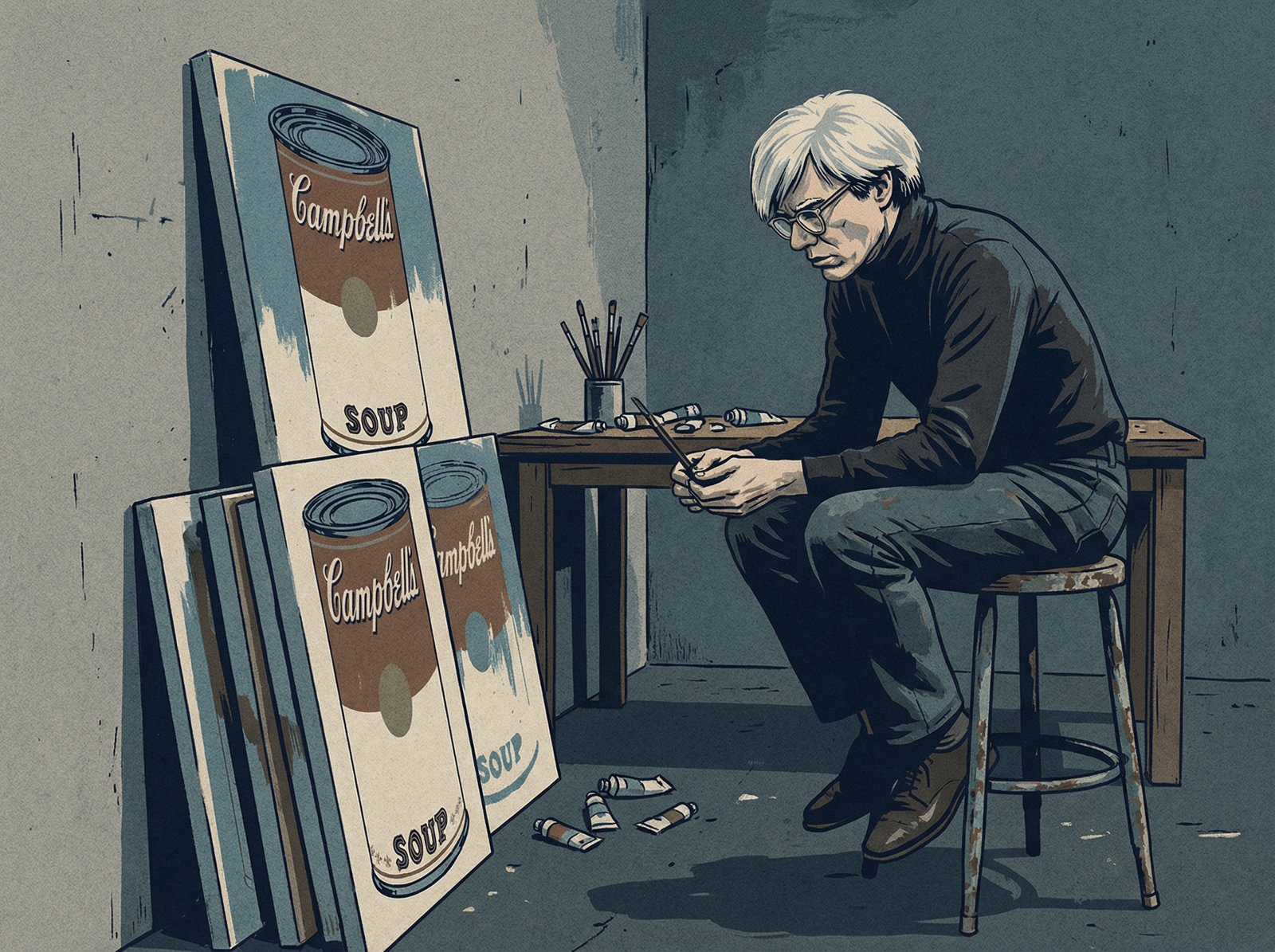 A stylized illustration of a somber Andy Warhol sitting in a minimalist art studio, looking dejected. Unfinished Campbell's Soup Cans artworks are visible around him. The atmosphere is muted and contemplative, suggesting an artist contemplating retirement. The style is illustrative with a slightly textured background. No visible text. Aspect ratio 4:3.