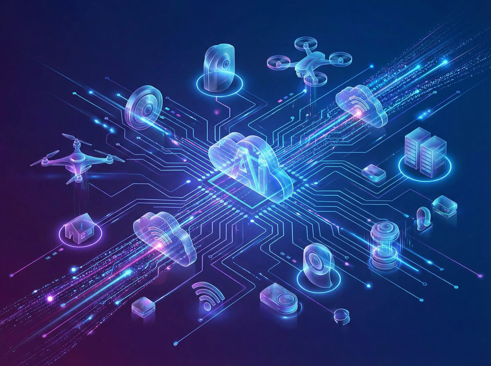 A sleek, modern, conceptual image representing artificial intelligence and the Internet of Things, with interconnected devices and data flow. Dynamic lines and glowing circuits on a dark blue and purple gradient background. No visible text. Aspect ratio 4:3.