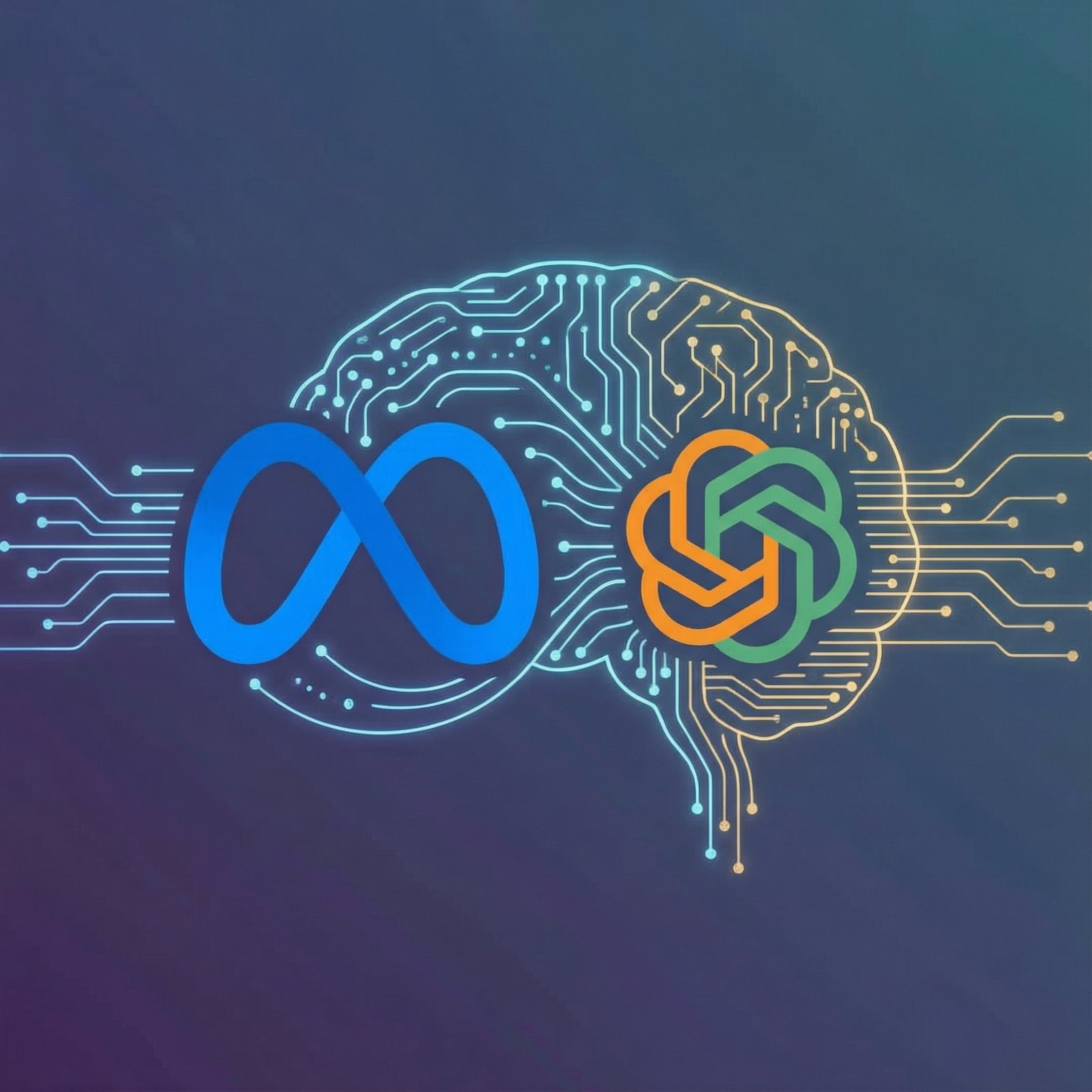 A modern illustration depicting two stylized corporate logos, one representing Meta Platforms and another smaller one for a startup named Manus, merging or connecting with glowing lines of data, symbolizing an acquisition in the field of artificial intelligence. Colored background, clean lines, no visible text, 1:1 aspect ratio.