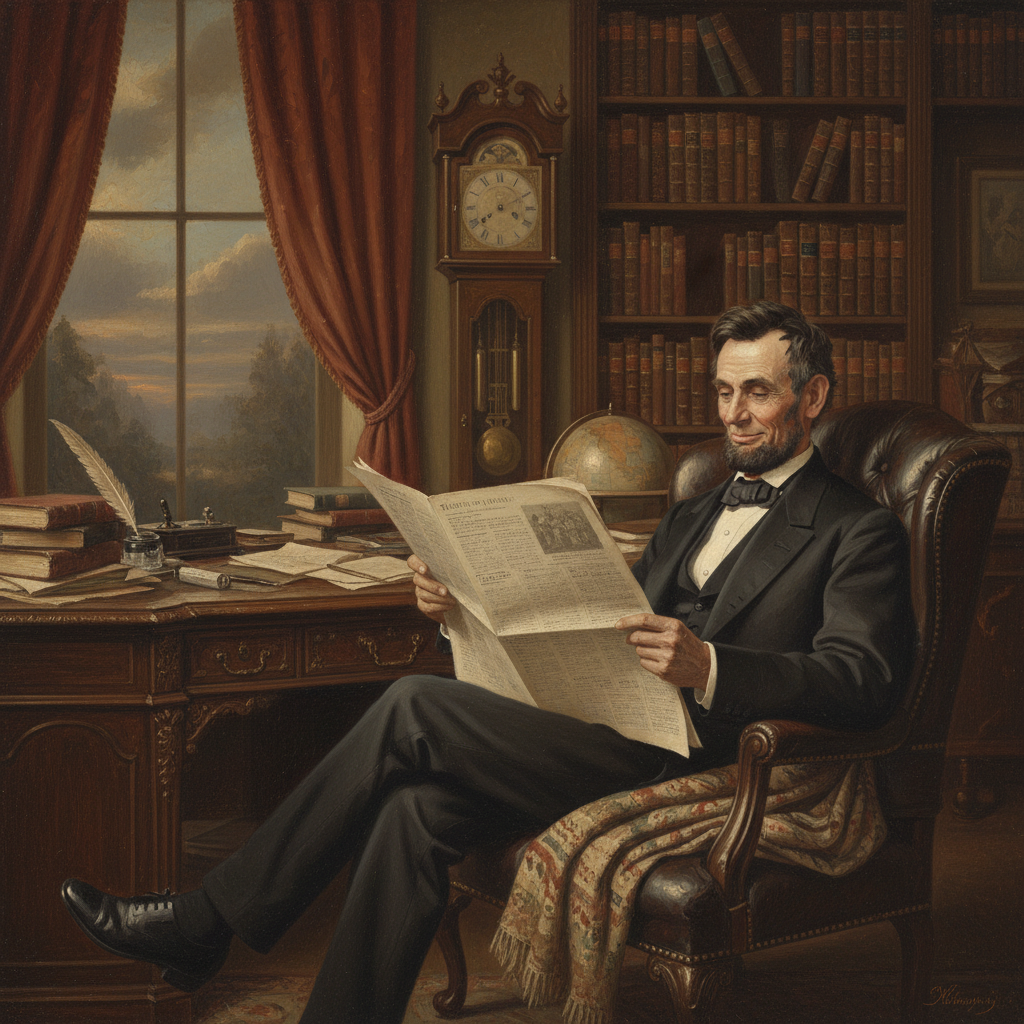Abraham Lincoln sitting comfortably in a classic 19th-century office reading a newspaper with a smile, warm oil painting style, textured vintage background, no text