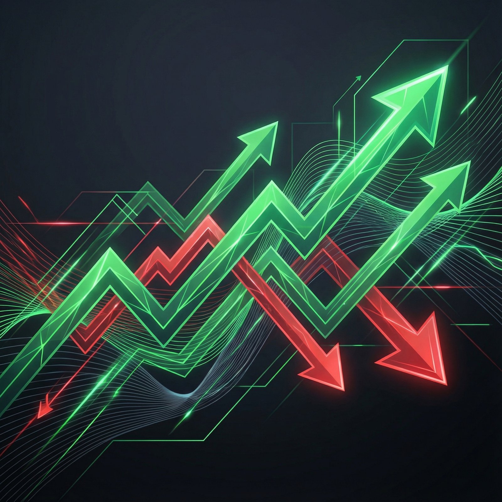 Abstract representation of stock market trends, incorporating upward green arrows and downward red arrows, modern infographic style, high contrast, no visible text, aspect ratio 1:1
