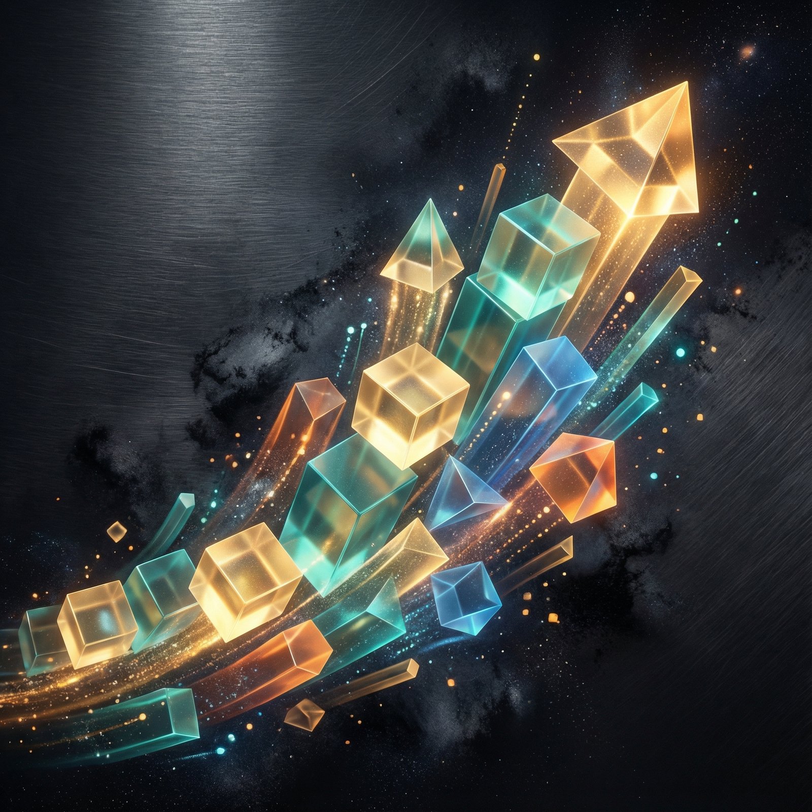 An abstract visualization depicting market growth and potential, with upward trending geometric shapes and a subtle glow against a textured, dark background. Represents financial data without specific numbers. No visible text. Aspect ratio 1:1.