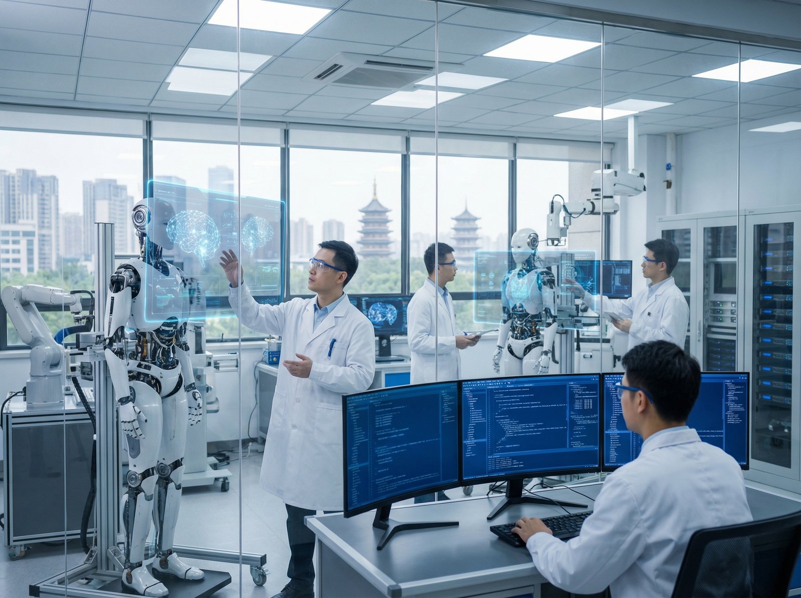 A high-tech laboratory environment in Hangzhou where engineers are working on sophisticated humanoid robots and AI systems, glowing blue interface screens, clean and bright lighting, realistic photography style, 4:3 aspect ratio, no text