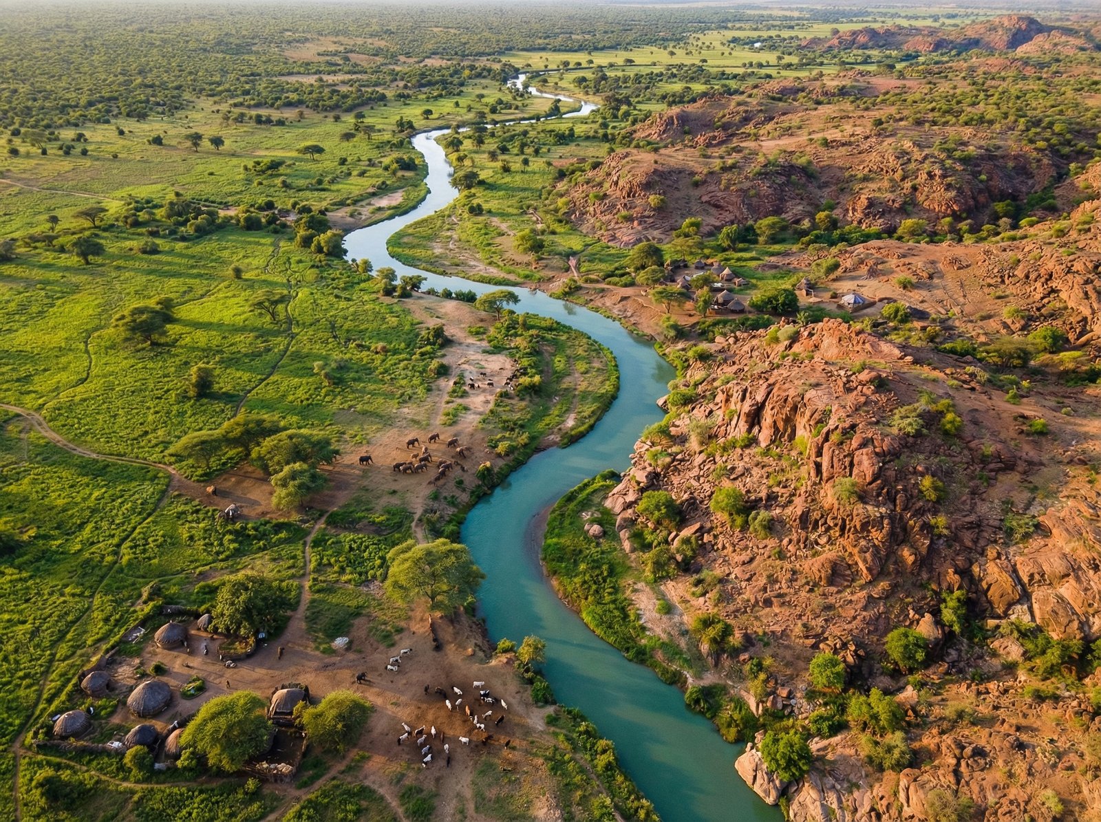 A high-angle aerial shot of the Omo River curving through the green savannah and rocky landscape of Ethiopia, vibrant natural colors, detailed environment, 4:3, no text.