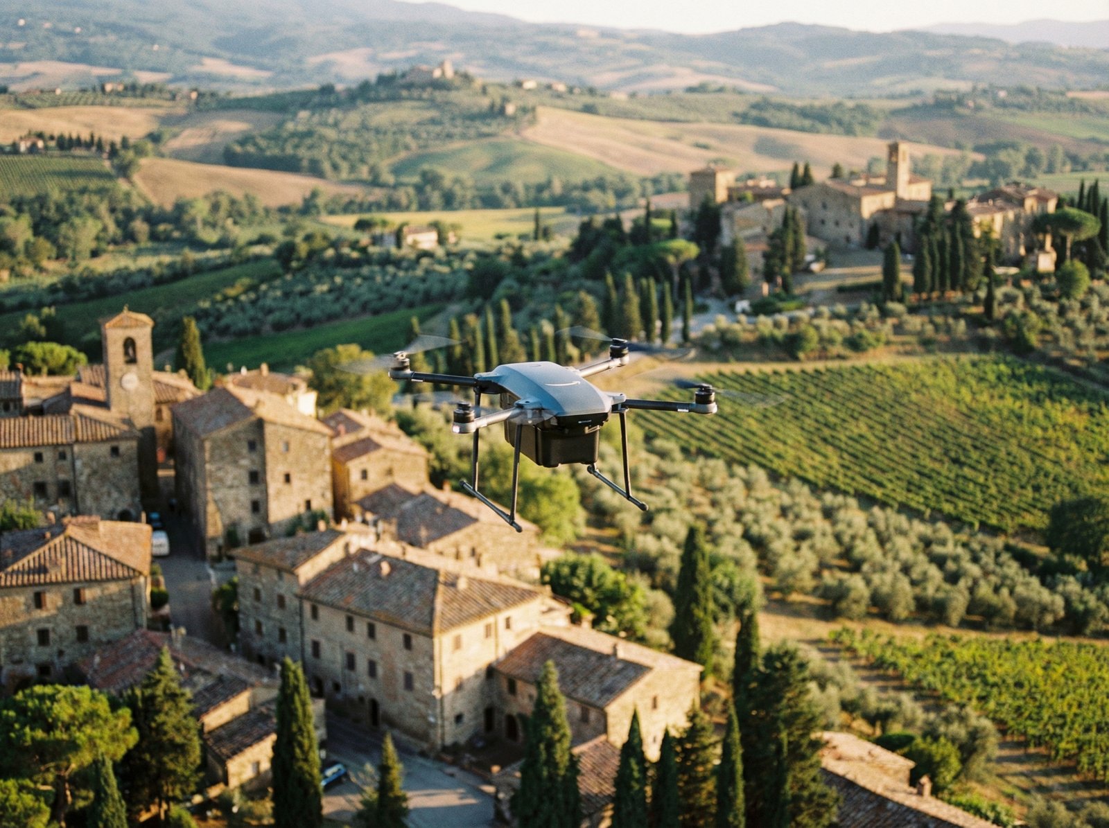 A sleek Amazon delivery drone, resembling the MK30 Prime Air model, suspended mid-air over a picturesque Italian landscape with historical buildings and lush greenery. The drone is slightly blurred to indicate a pause or halt in operation. Aspect ratio 4:3, no visible text.