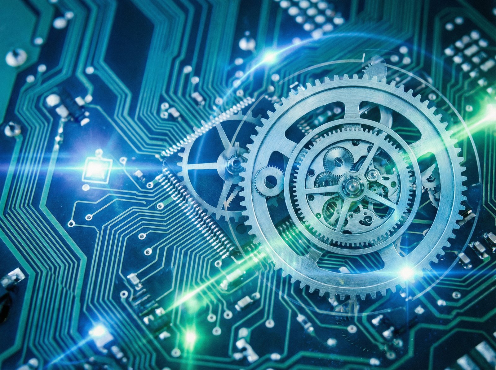 A zoomed-in, stylized image of a drone's circuit board with various gears and cogs overlayed, symbolizing a complex strategic review. The colors are cool tones like blues and greens, with subtle light effects. Aspect ratio 4:3, no visible text.