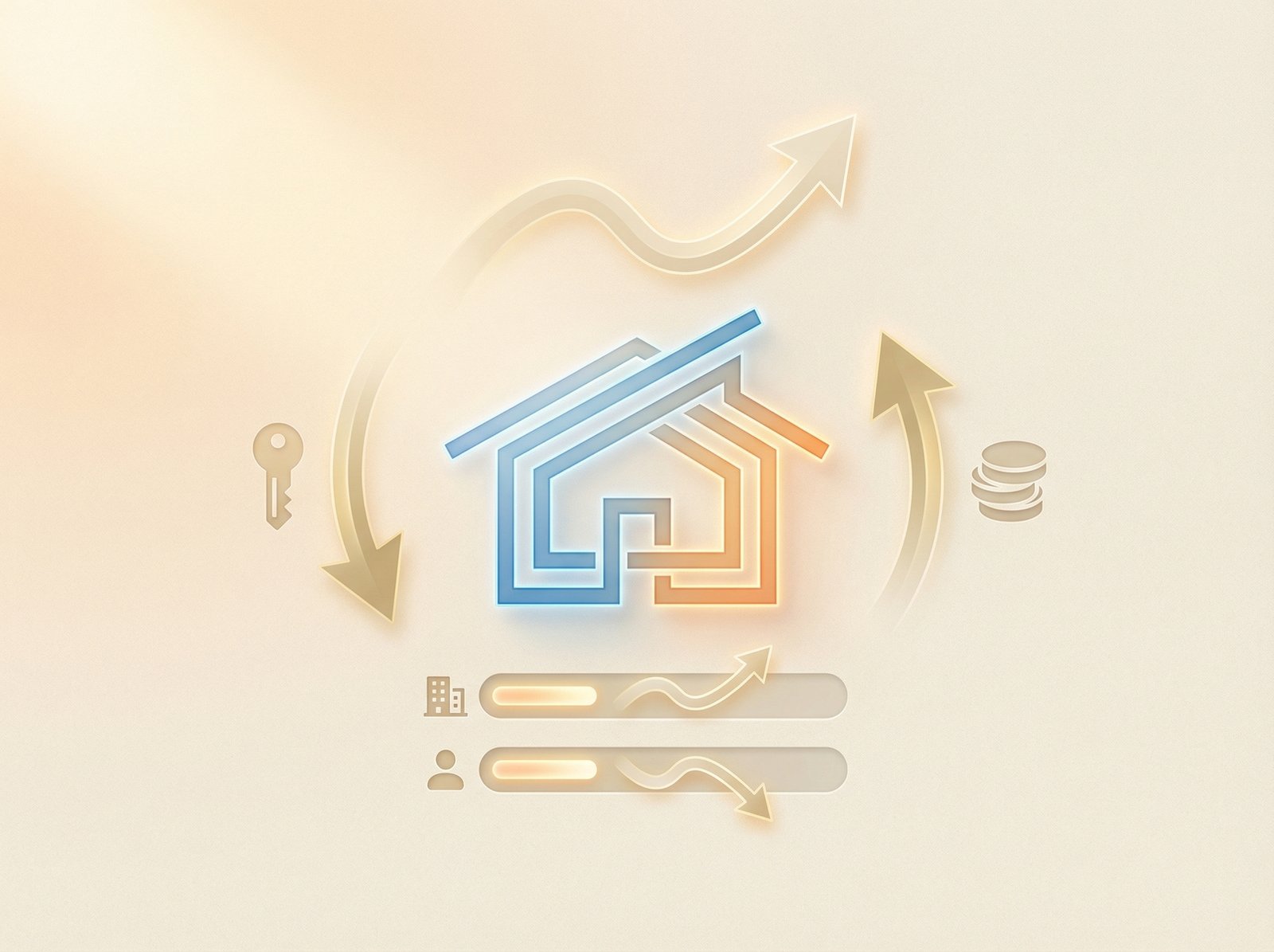 A clean infographic illustrating housing market trends, featuring a stylized house icon and subtle upward and downward arrows, representing sales and prices. Modern layout with a warm lighting. Aspect ratio 4:3. No visible text.