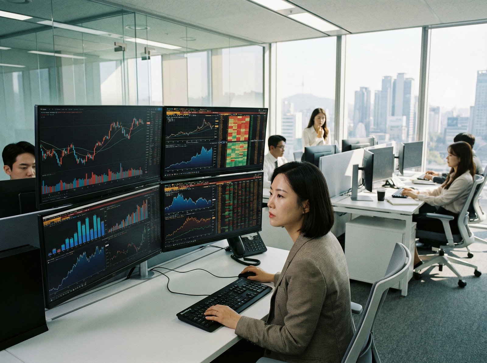 A professional financial analyst reviewing stock market data on multiple screens in a modern office, showing charts and graphs. The analyst is a Korean woman, with a focused expression. Aspect ratio 4:3, no visible text.