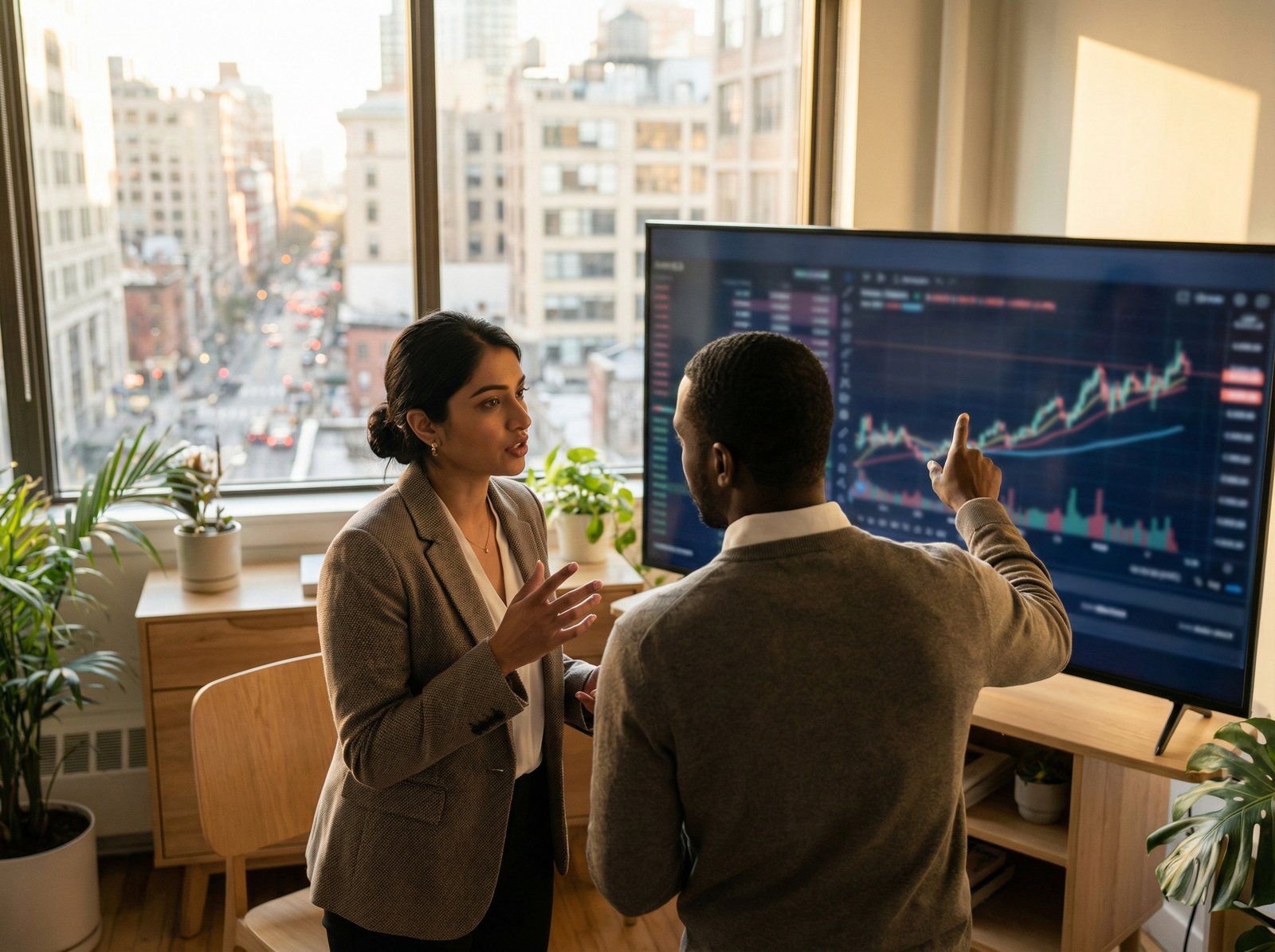 Two diverse financial analysts in a modern office, one pointing at a screen showing stock charts, engaged in a serious discussion, with a blurred cityscape background, natural setting, lifestyle photography style, warm lighting, aspect ratio 4:3, no visible text.