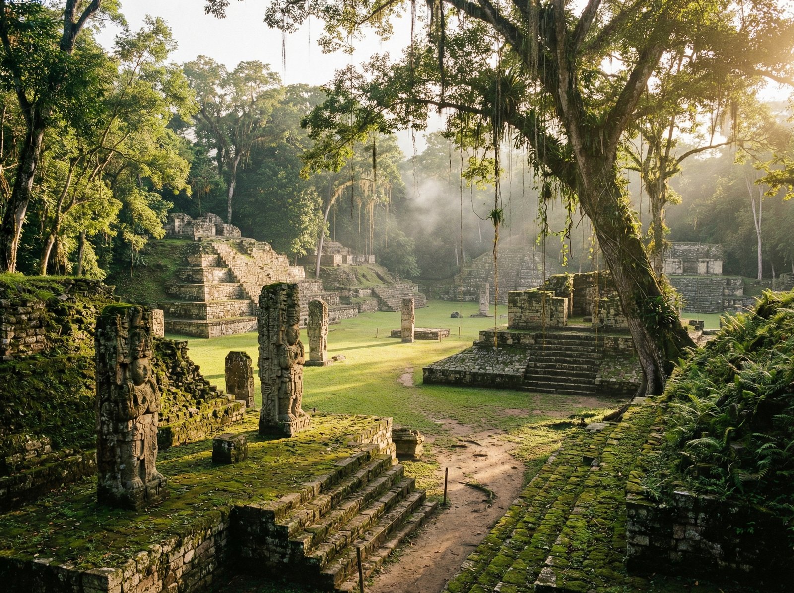 A majestic wide-angle view of the Copan ruins in Honduras, featuring stone pyramids and stelae surrounded by a lush tropical jungle, sunlight filtering through the trees, cinematic lighting, 4:3, no text