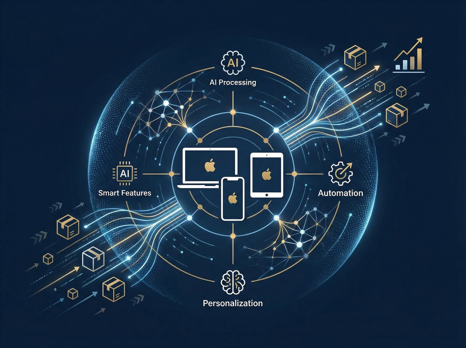 A detailed infographic showing Apple's ecosystem (iPhone, Mac, iPad) with AI features expanding outwards, illustrating how AI drives hardware sales, clean infographic, modern layout, high contrast, 4:3 aspect ratio, no visible text.