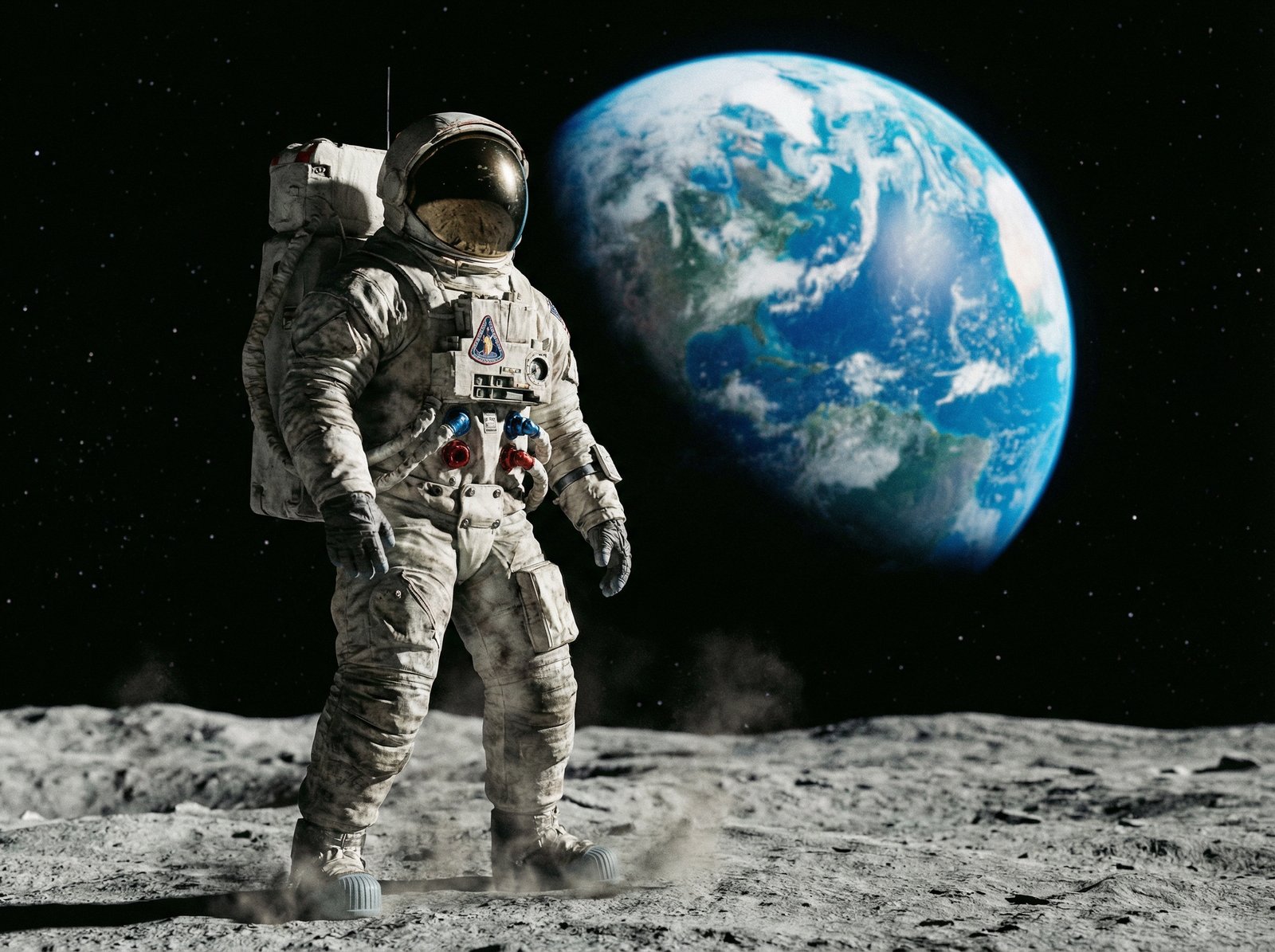 A realistic cinematic shot of a modern astronaut standing on the dusty lunar surface, looking at a bright blue Earth in the dark space sky, high contrast, detailed space suit, 4:3, no text