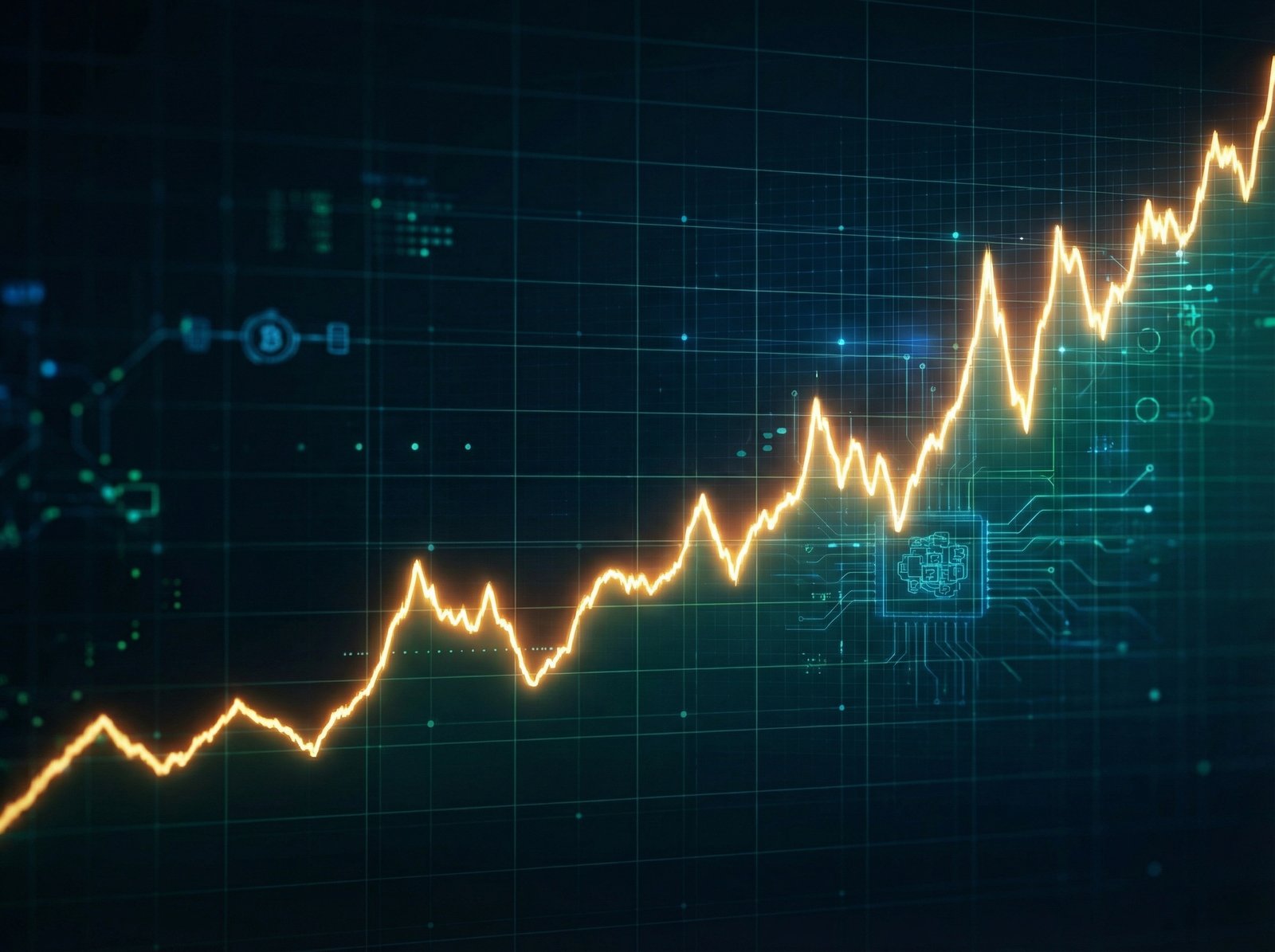 A dynamic line graph showing an upward trend of Bitcoin price, overlaid with subtle glowing digital patterns, indicating market analysis and growth. aspect ratio 4:3, no visible text, clean infographic