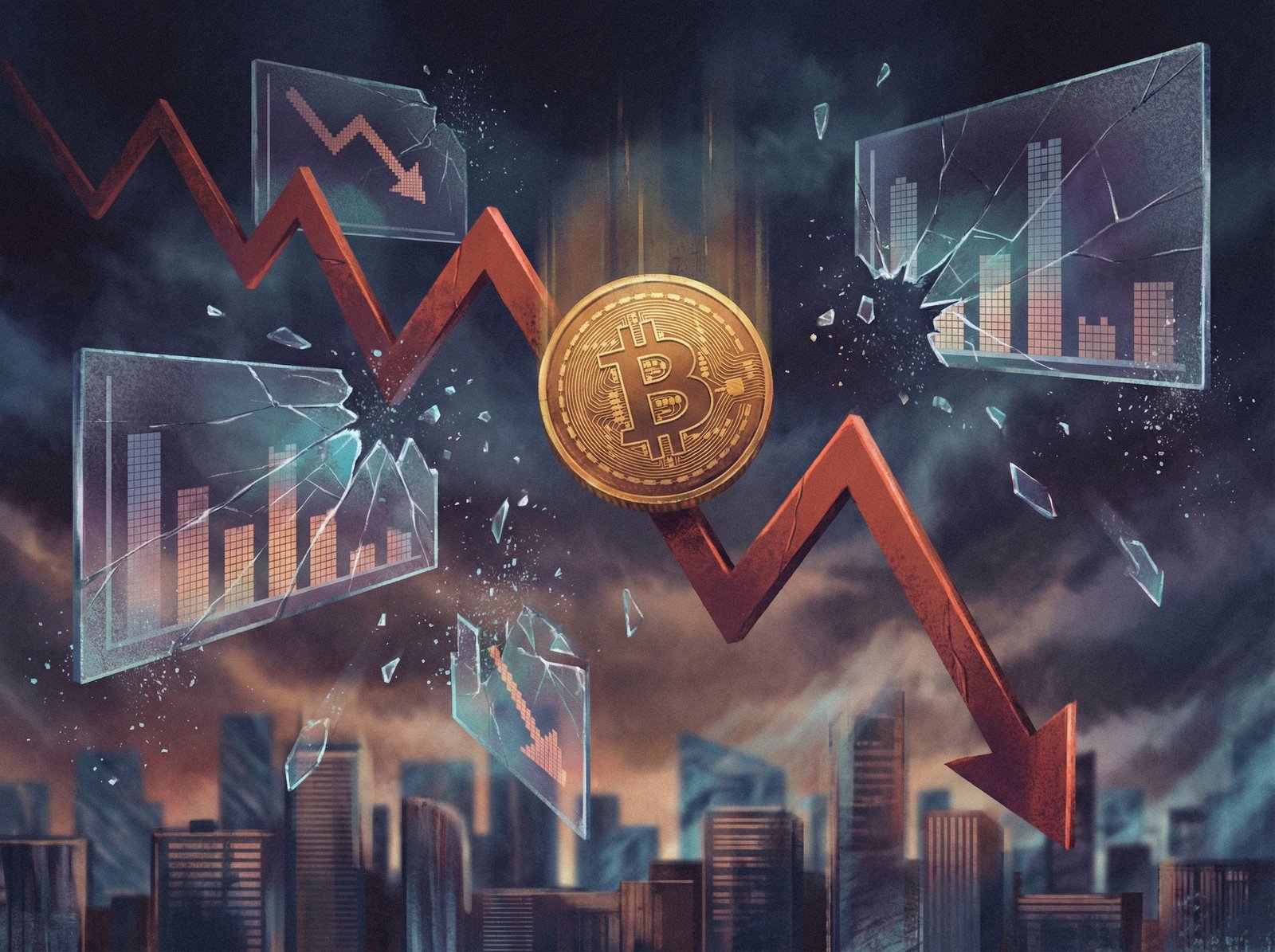 A dramatic illustration of a bitcoin coin falling rapidly on a downward sloping graph, surrounded by broken price charts and arrows, signifying a significant drop in value. The style is digital art with a touch of modern despair. 4:3 aspect ratio, no visible text.