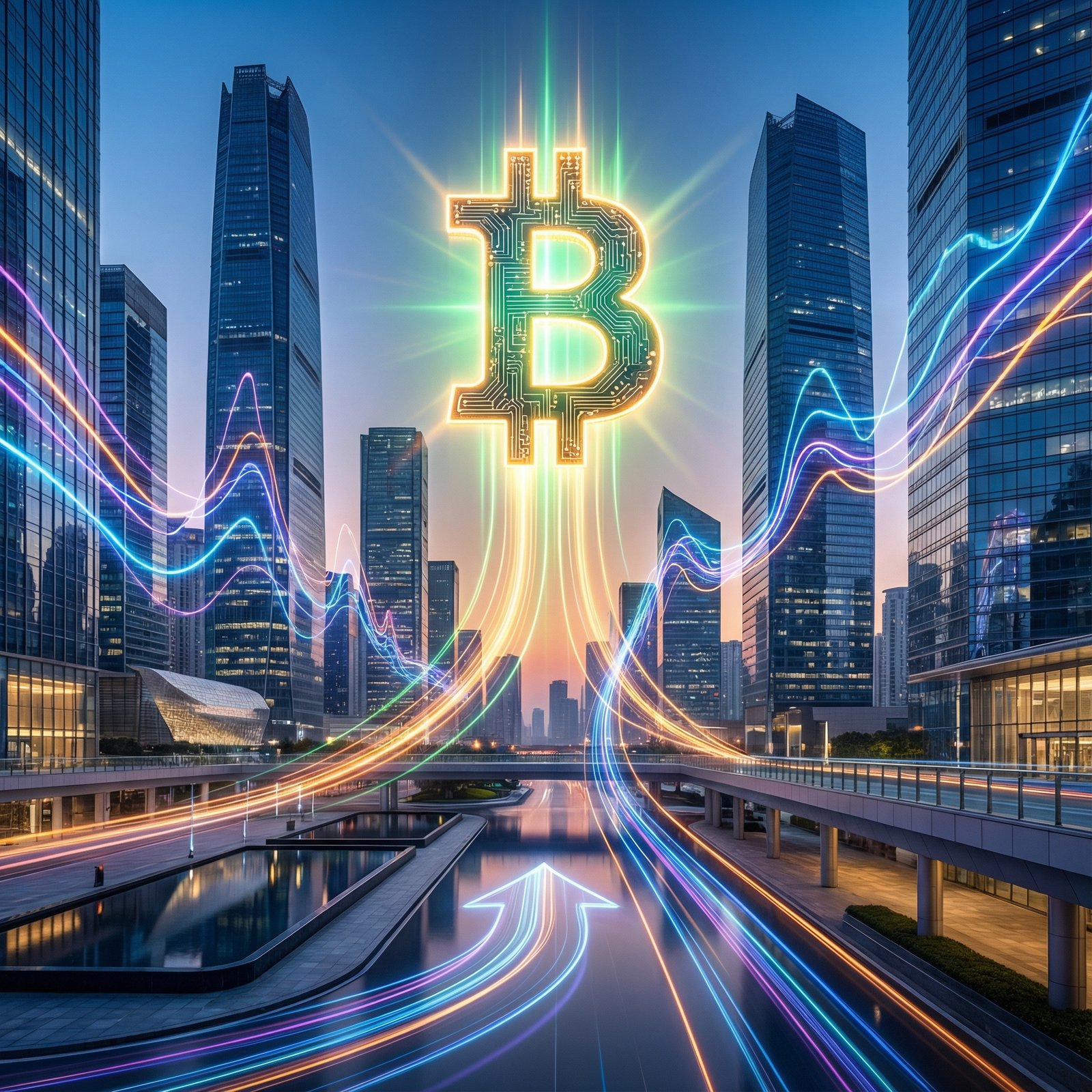 A futuristic cityscape with digital glowing lines representing financial data, centered around a prominent Bitcoin symbol, indicating a surge in value at the end of the year. aspect ratio 1:1, no visible text, modern layout, high contrast