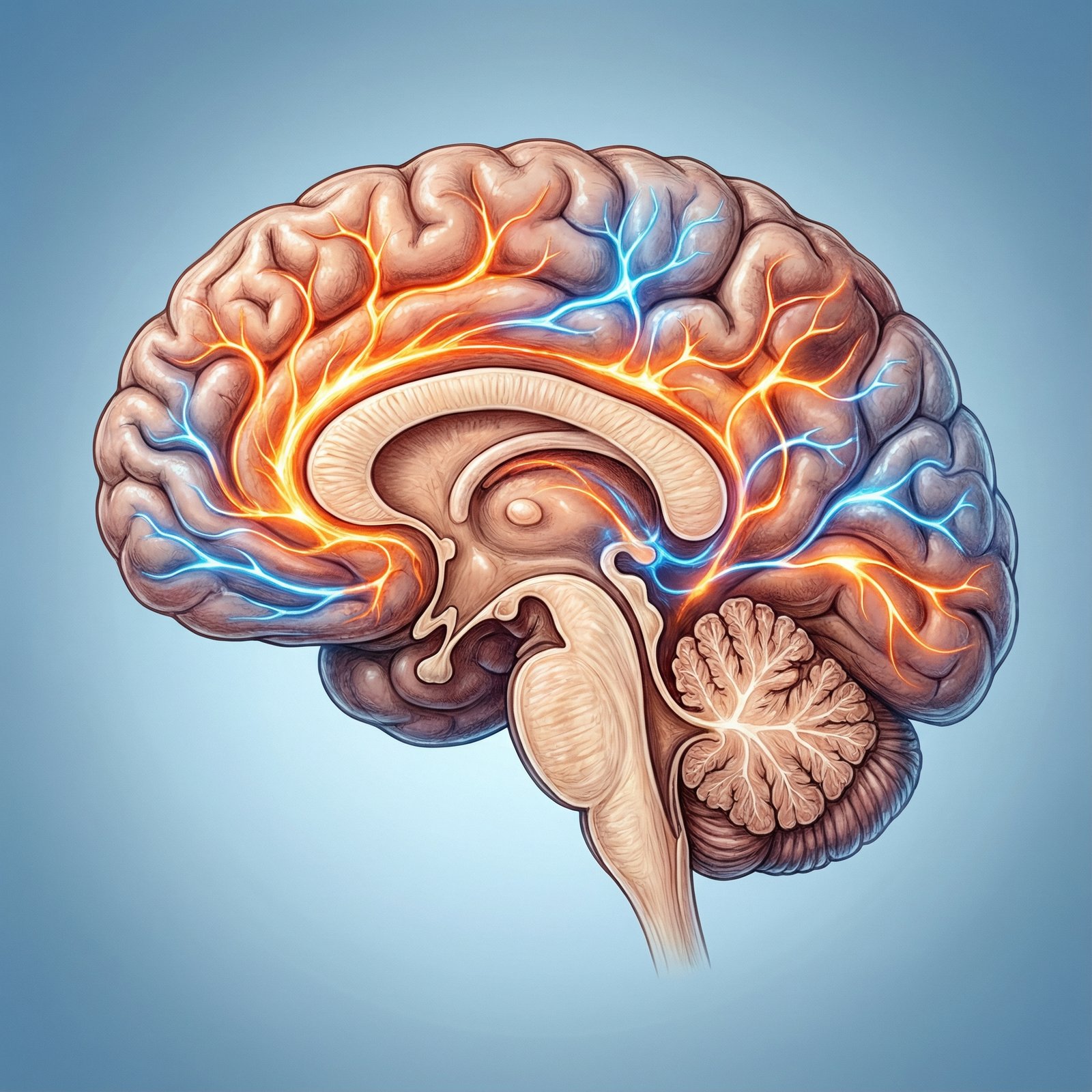 A realistic illustration of a human brain with glowing neural pathways, indicating active cognitive functions. The background is a soft, scientific blue gradient. No visible text. 1:1 aspect ratio.