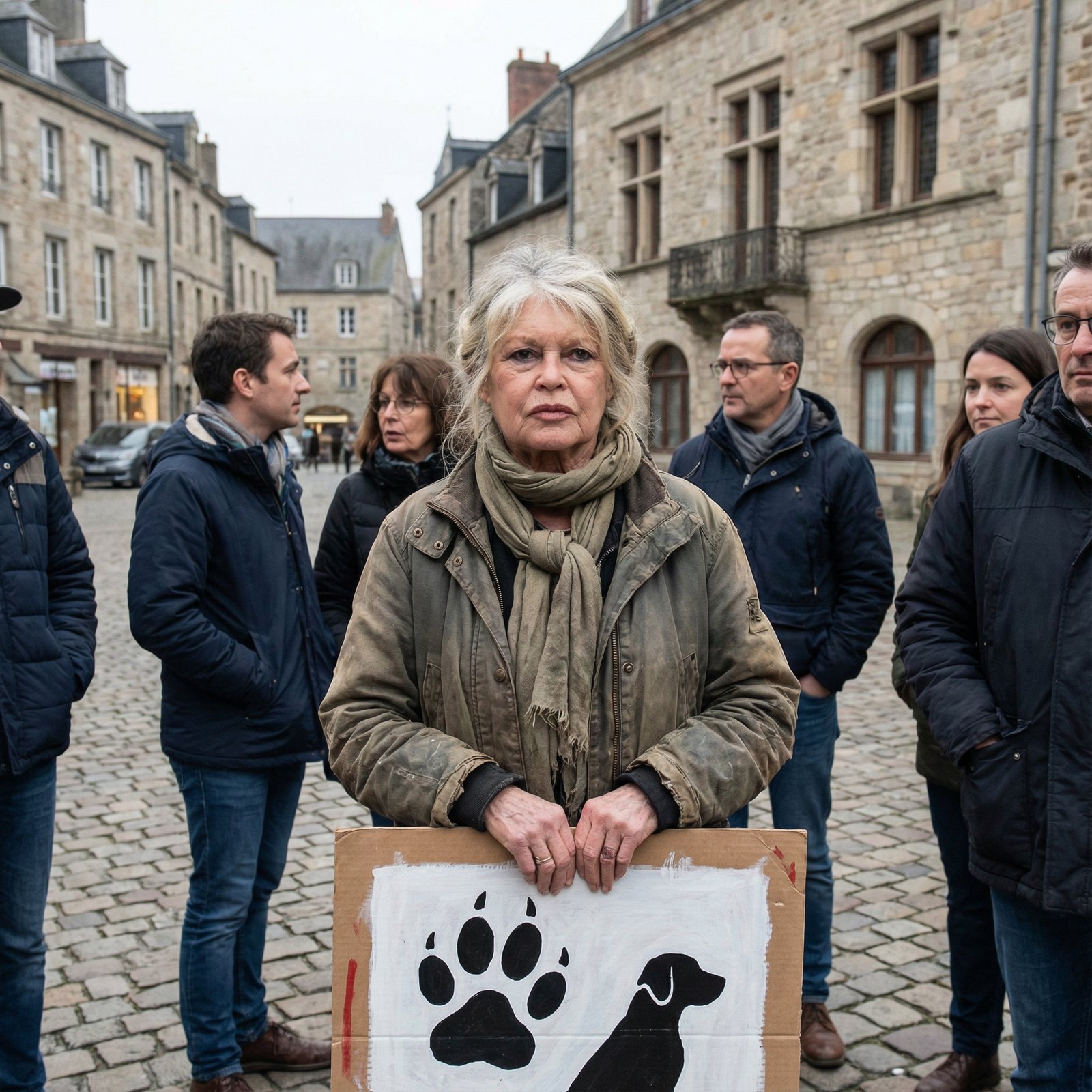 Brigitte Bardot, older, with a determined expression, engaging in animal rights activism. She is holding a sign about animal protection. The setting is outdoors with a hint of a European town. 1:1 aspect ratio, no visible text.