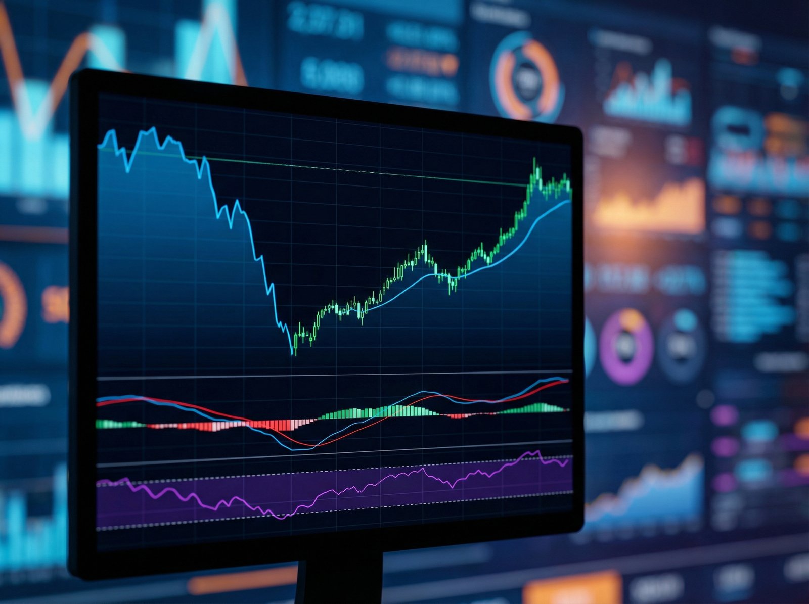 A stock chart of Broadcom (AVGO) showing a significant dip followed by a gradual recovery, with technical indicators like MACD and RSI showing bullish crossovers. The background is a modern financial dashboard with blurred data. Aspect ratio 4:3, no visible text.