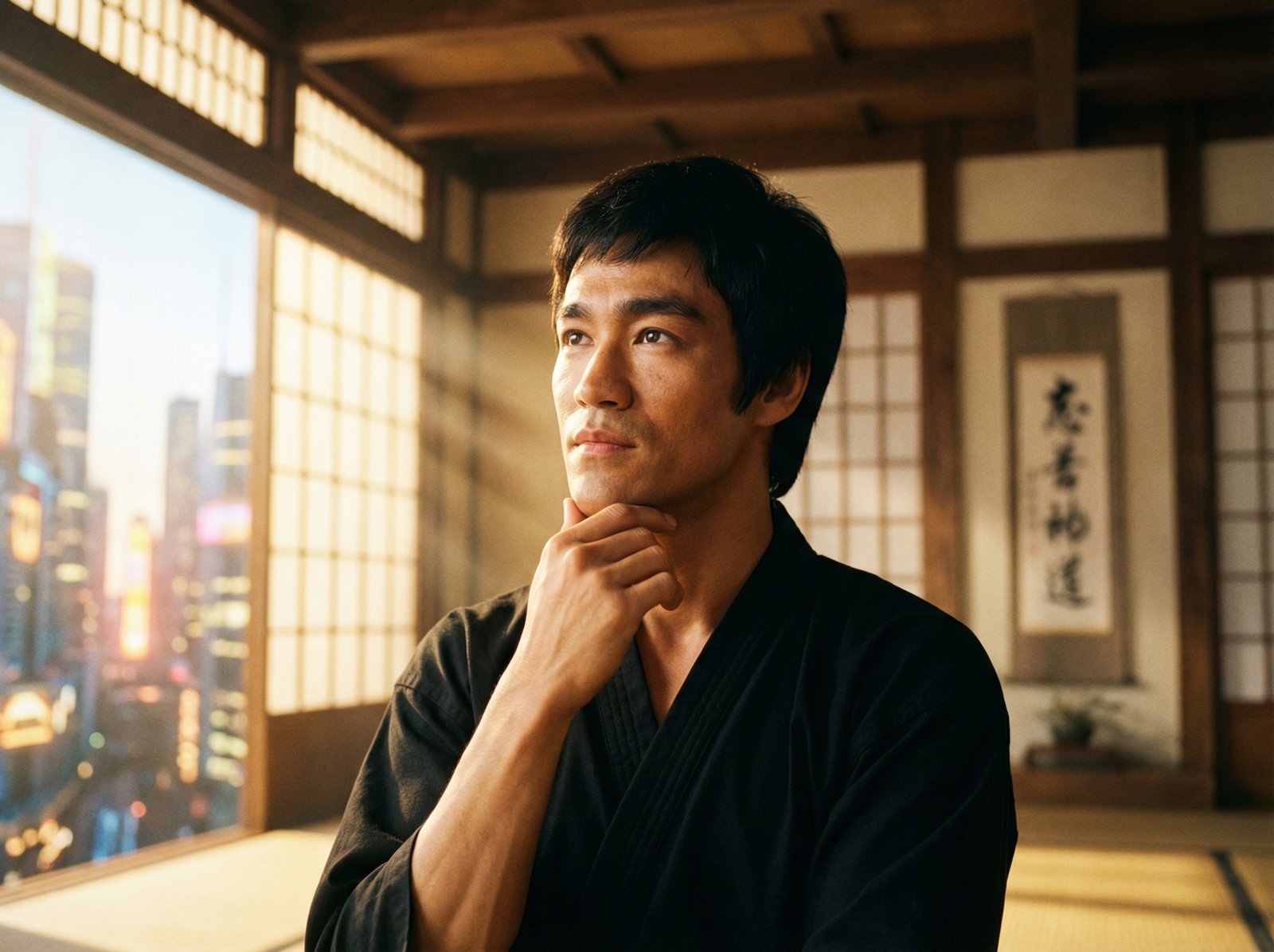 Bruce Lee in a thoughtful pose, looking towards a bright, dynamic future. He is wearing a simple martial arts uniform, standing in a dojo with subtle traditional Asian architectural elements. The lighting is warm and hopeful, symbolizing untapped potential. The background is slightly blurred to keep focus on him. Aspect ratio 4:3, no visible text.