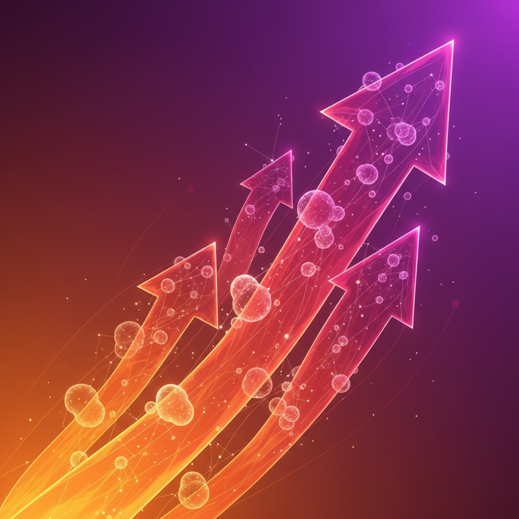 An abstract artistic rendering of rising growth arrows and digital nodes, vibrant orange and purple gradient background, modern layout, no text