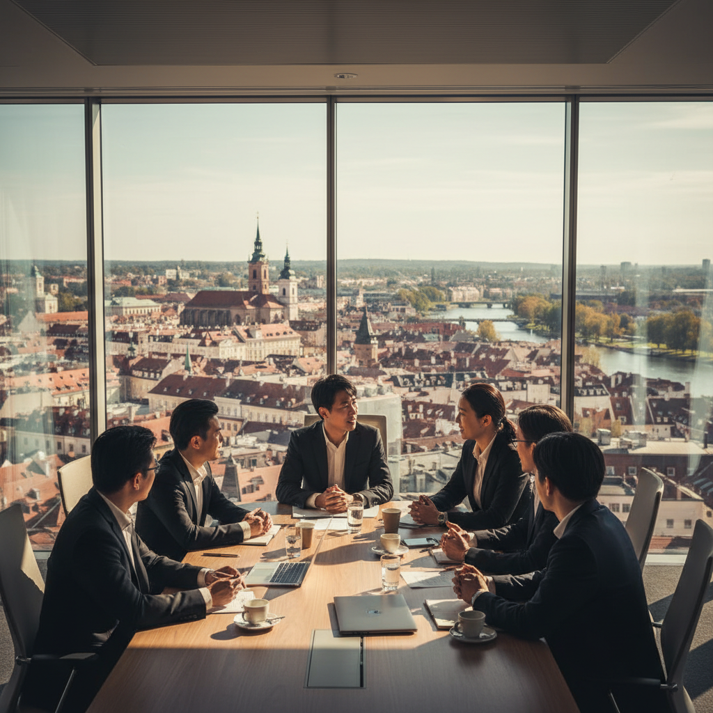 A group of professional business people having a discussion in a bright modern conference room overlooking a European city, diverse professional setting including Korean appearance professionals, warm natural lighting, high contrast, no text