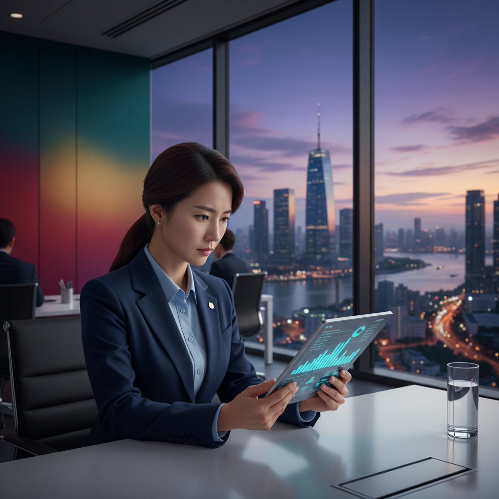 A Korean business person focused on a tablet showing financial charts and data, modern office setting with a view of a city, professional atmosphere, colored background, no text