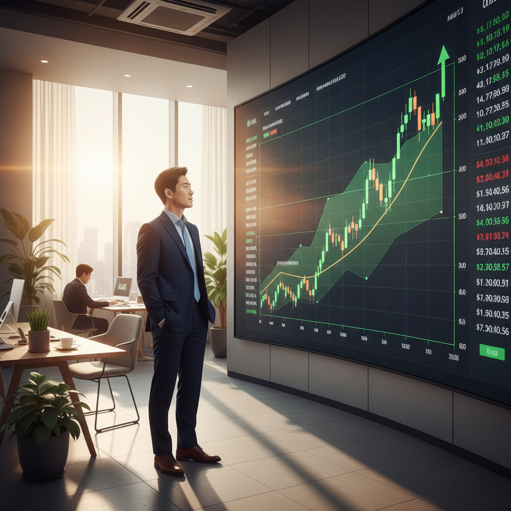 A Korean professional in a modern office analyzing a rising stock market graph on a large screen, warm sunlight through window, professional and optimistic atmosphere, no text