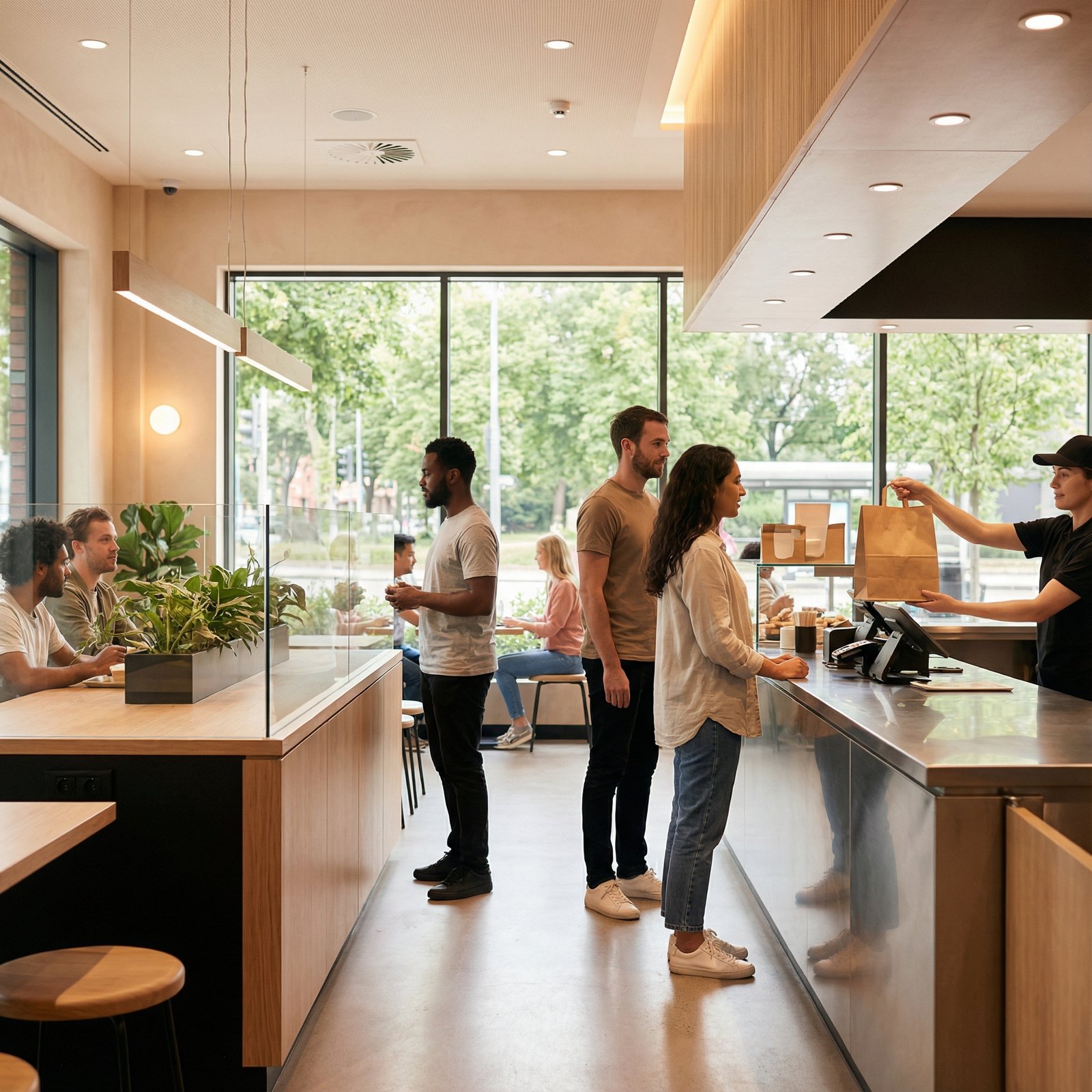 A modern, clean fast food restaurant interior with a few customers, showing an example of a busy but well-managed location. Lifestyle photography, warm lighting, natural setting, no visible text. Aspect ratio 1:1.
