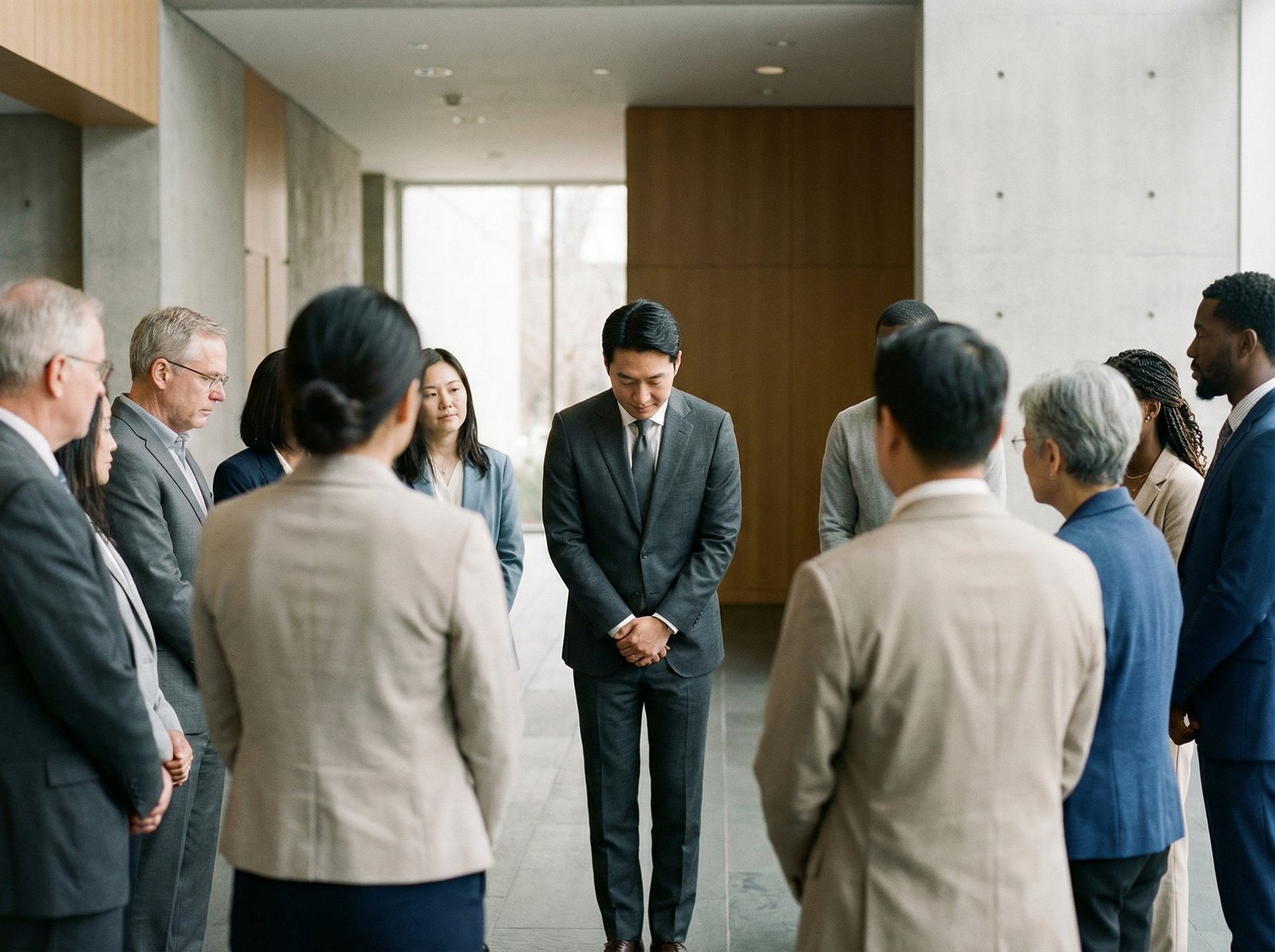 A professional man in a suit, Korean appearance, making a sincere apology gesture towards a diverse group of anonymous customers in a clean, modern setting. Informational style, muted colors, no visible text. Aspect ratio 4:3.