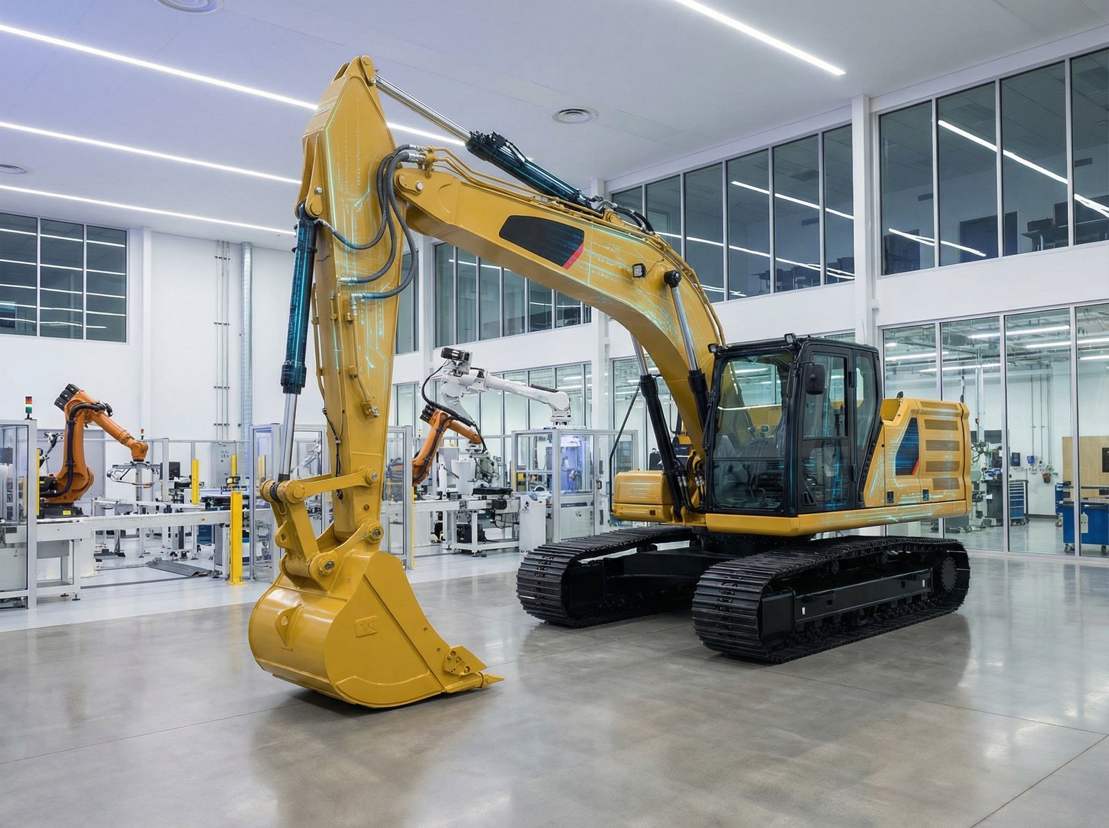 Large, yellow Caterpillar industrial machinery, such as an excavator or bulldozer, with subtle, glowing blue lines indicating AI integration, in a modern, clean industrial setting, aspect ratio 4:3, no visible text, informational style, clean infographic.
