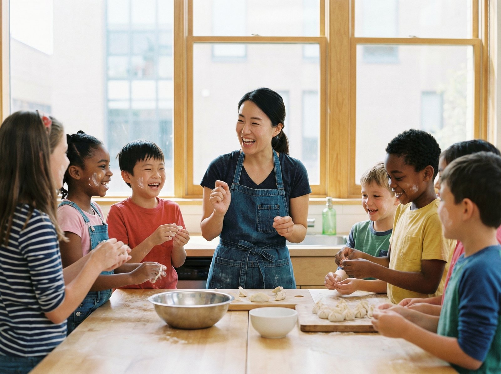 A friendly female chef of Korean appearance in her 30s, wearing an apron, enthusiastically teaching a group of diverse children how to cook in a brightly lit school kitchen. Children are engaged and smiling. Warm, natural setting, no visible text. Aspect ratio 4:3.