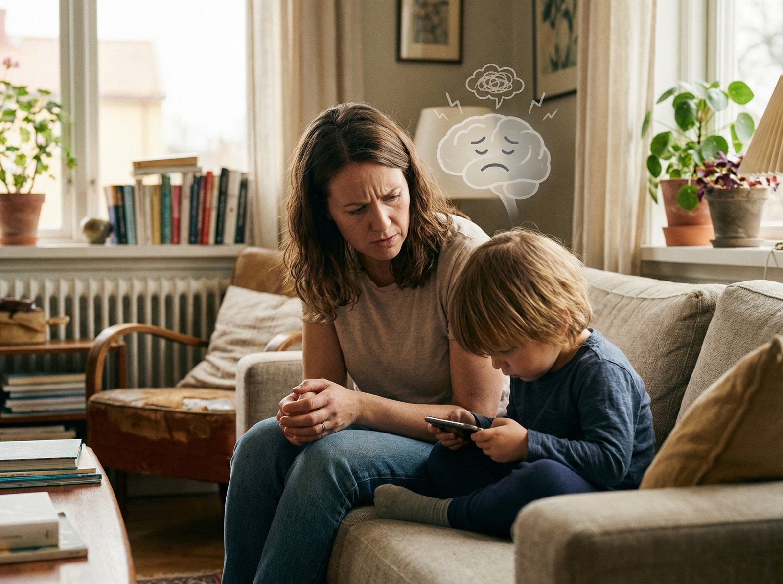 A worried parent looking at a child engrossed in a smartphone, with a subtle overlay of a brain or thought bubble indicating stress or sadness. Soft, warm indoor lighting, natural setting, no visible text, aspect ratio 4:3