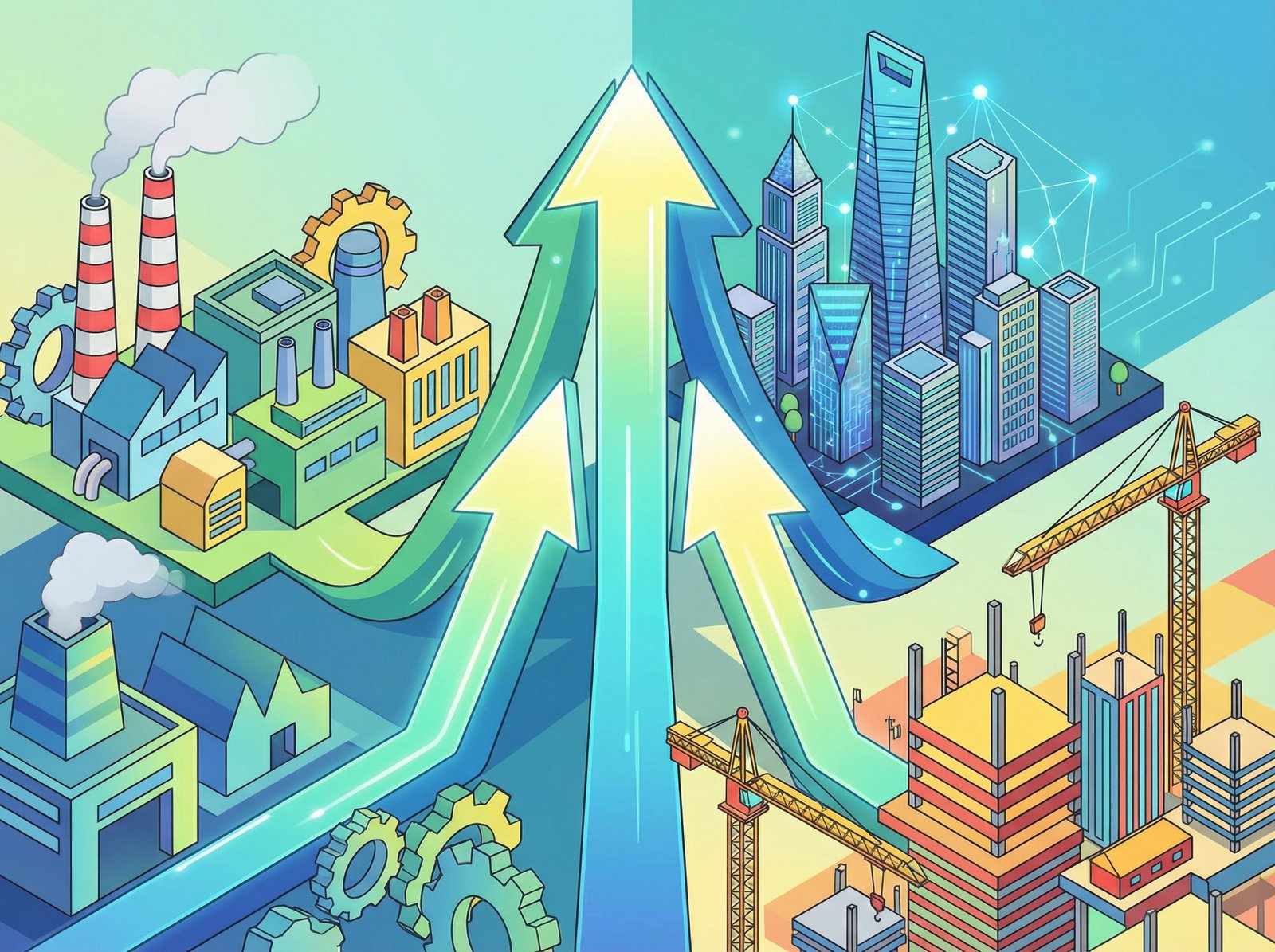 A vibrant, modern illustration depicting different sectors of the Chinese economy (factories, skyscrapers for services, construction sites) all showing upward arrows. Clean layout, no visible text, aspect ratio 4:3.