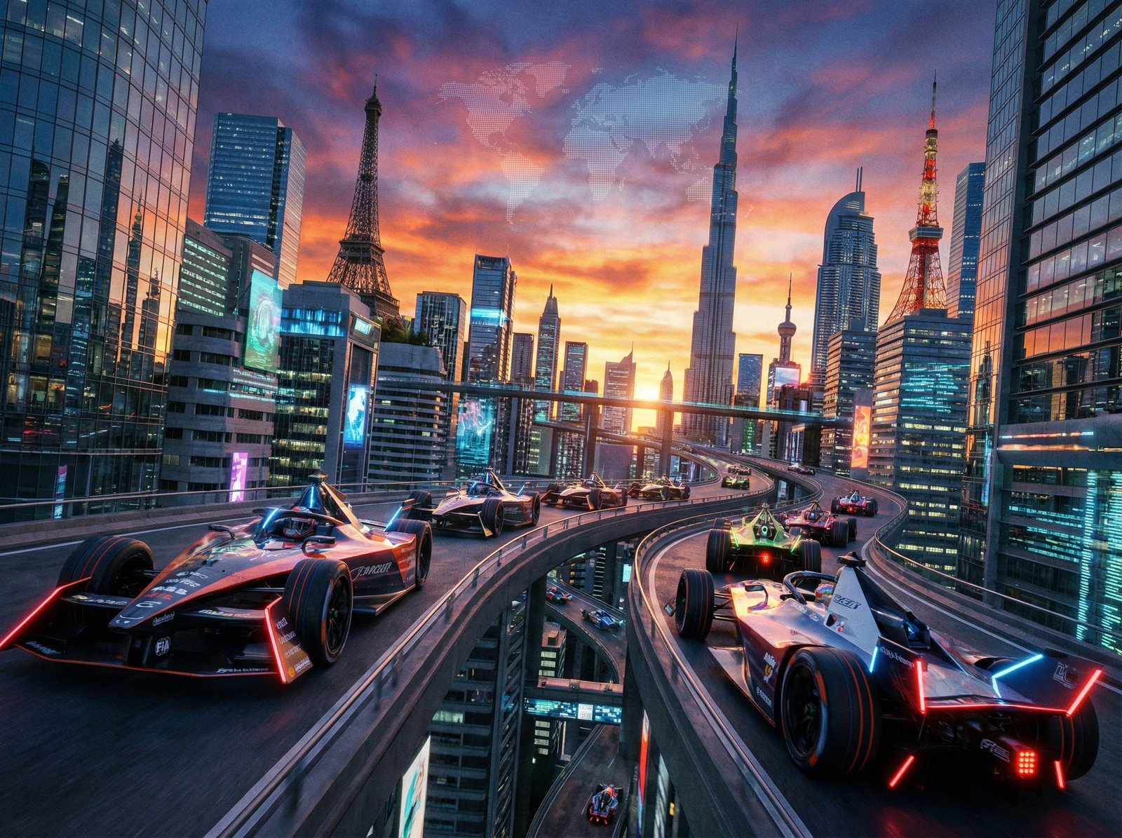 A futuristic electric car is navigating a highly competitive urban landscape at sunset, symbolizing a price war. The background has glowing city lights and subtle hints of global expansion, no visible text, 4:3 aspect ratio.