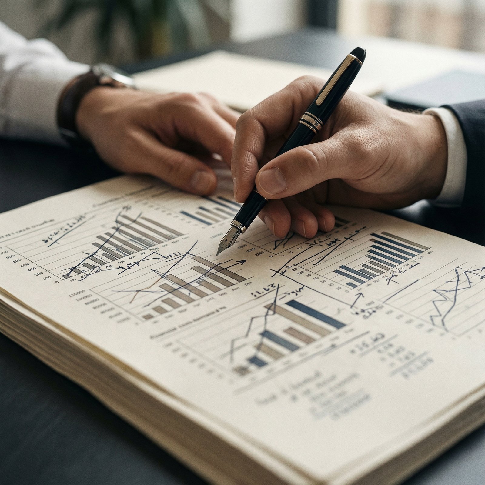 A close-up of a hand holding a pen, poised over a financial document with charts and graphs, suggesting careful policy decisions. Neutral tones, professional setting, no visible text, aspect ratio 1:1.