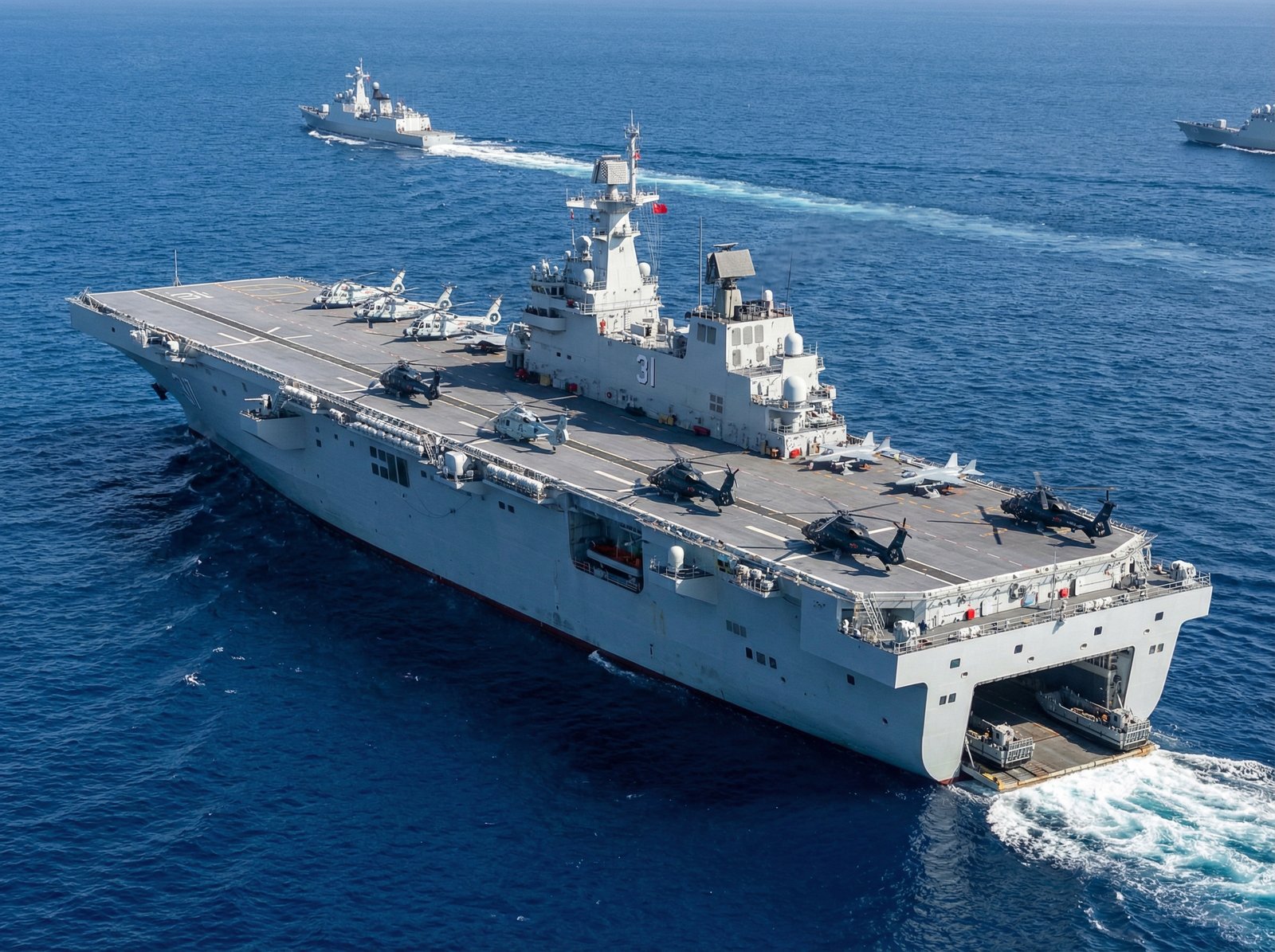 A detailed view of a Type 075 amphibious assault ship, modern and powerful, sailing in blue waters. The ship is large and clearly shows its deck and features, implying advanced military capabilities. Aspect ratio 4:3, no visible text.
